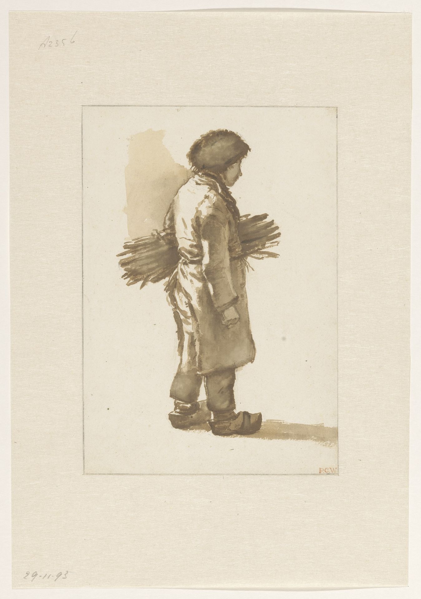 Staande jongen met bontmuts, klompen en een takkenbos onder de arm by Pieter George Westenberg