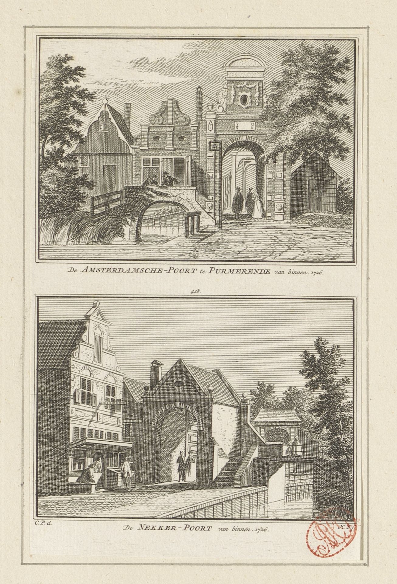 Gezicht op de Amsterdamse Poort en gezicht op de Neckerpoort te Purmerend, 1726 by Hendrik Spilman