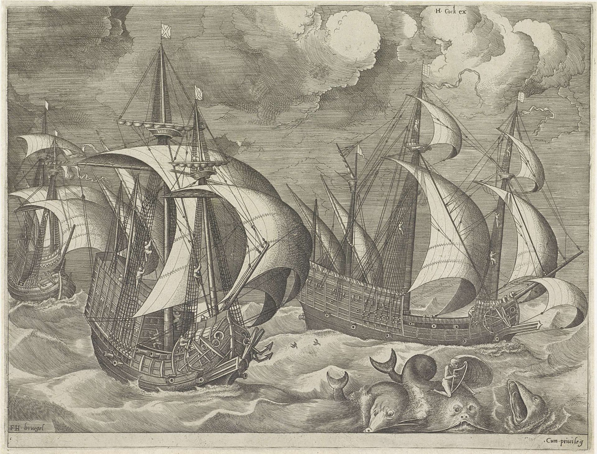Drie oorlogsschepen, op de voorgrond Arion op een dolfijn by Frans Huys