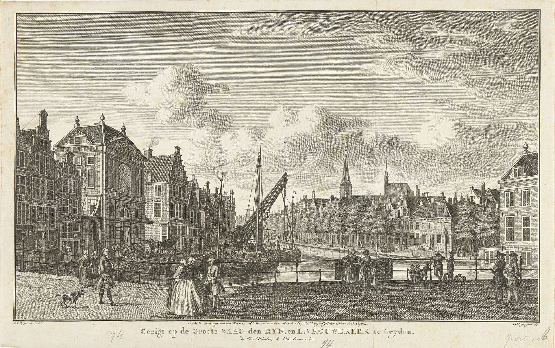Gezicht op de Waag, de Oude Rijn en de Vrouwekerk te Leiden by Abraham Delfos