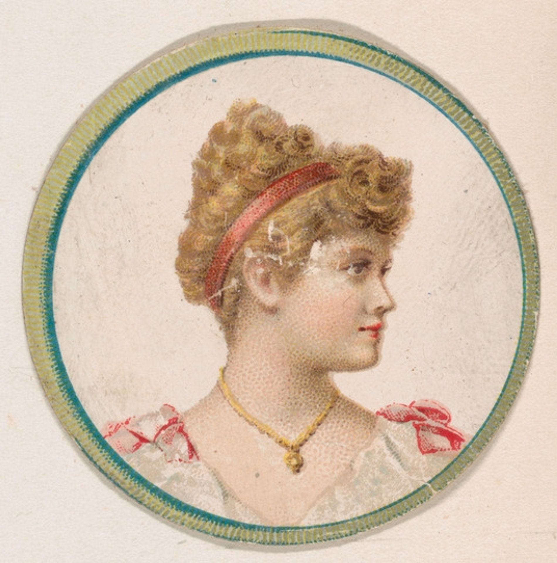Woman wearing pink ribbon in hair, from the Novelties series (N228, Type 2) issued by Kinney Bros. by Kinney Brothers Tobacco Company