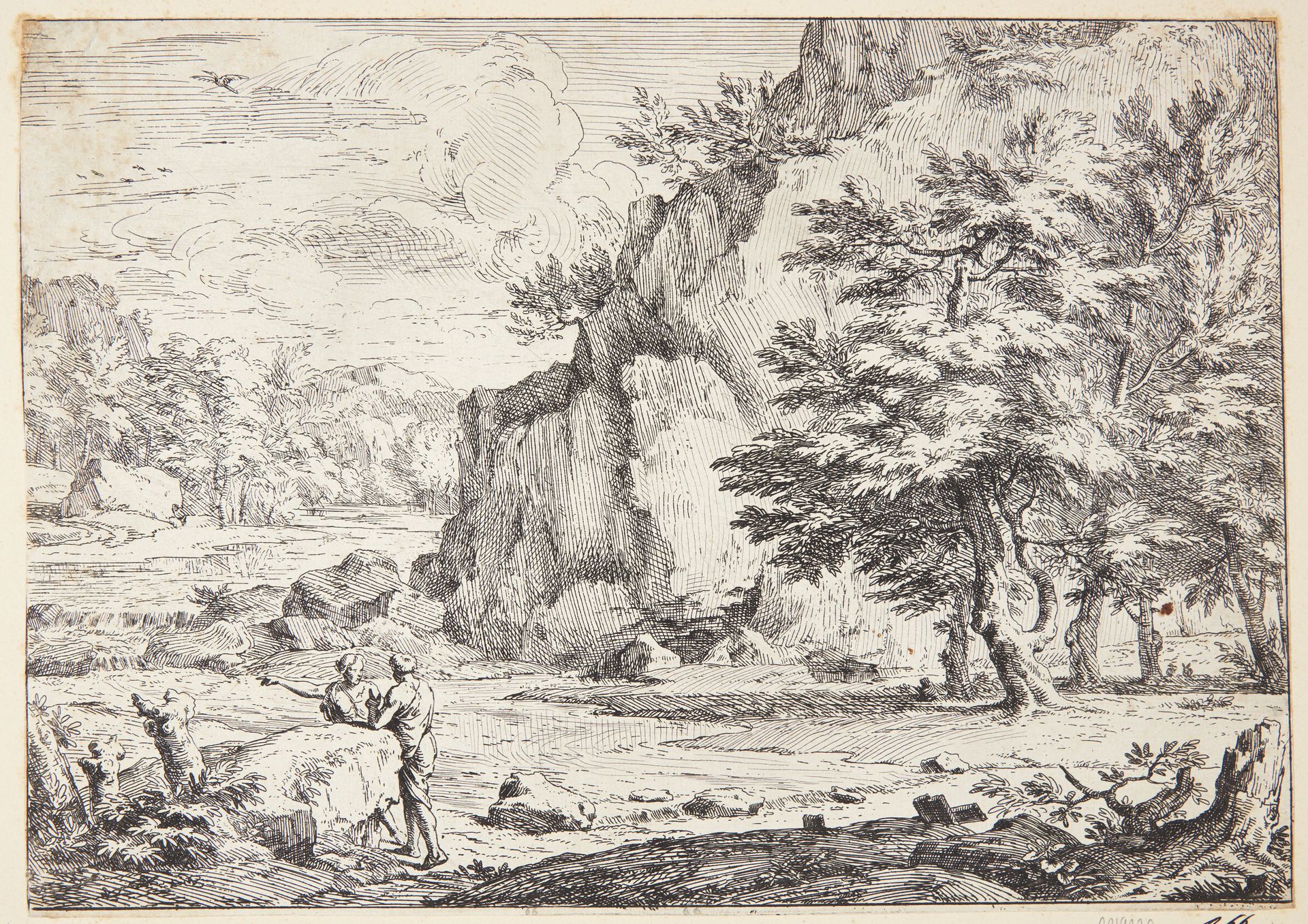 Klippefyldt landskab, i frigrunden to figurer by Abraham Genoels