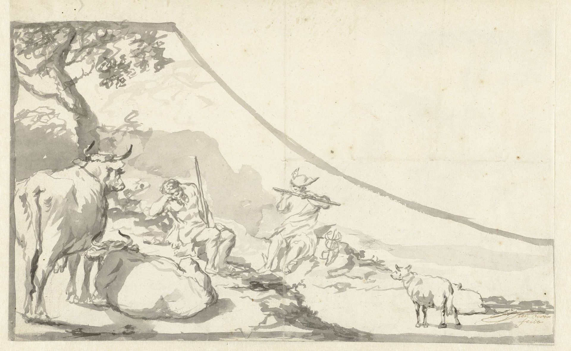 Het fluitspel van Mercurius doet Argus inslapen by Hendrick ten Oever