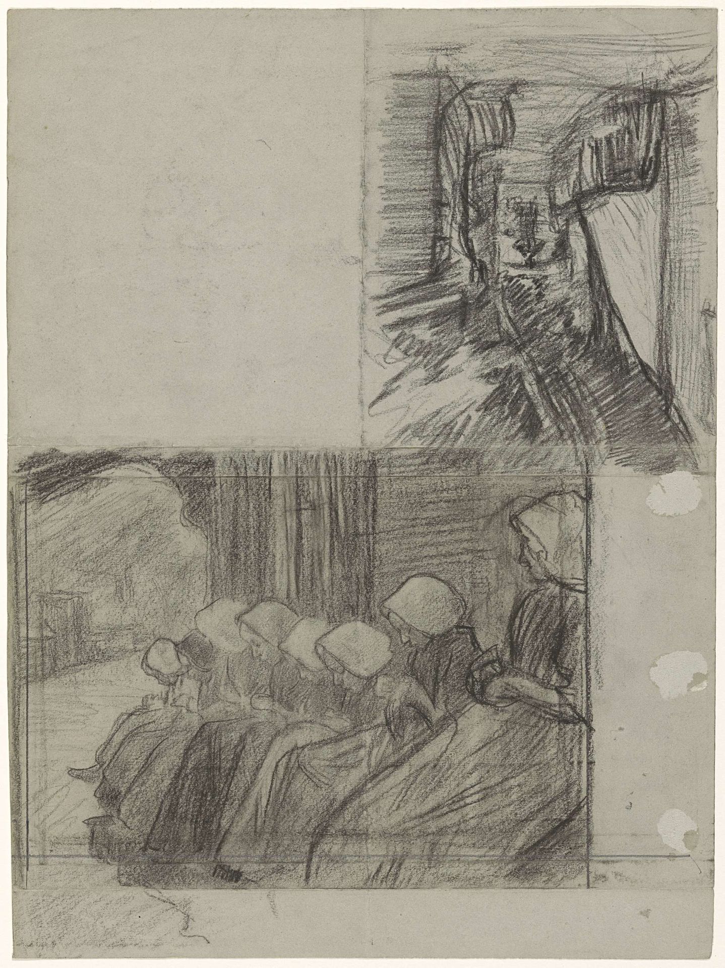 Handwerkende meisjes op een rij en schets van een weggetje by Jan Veth