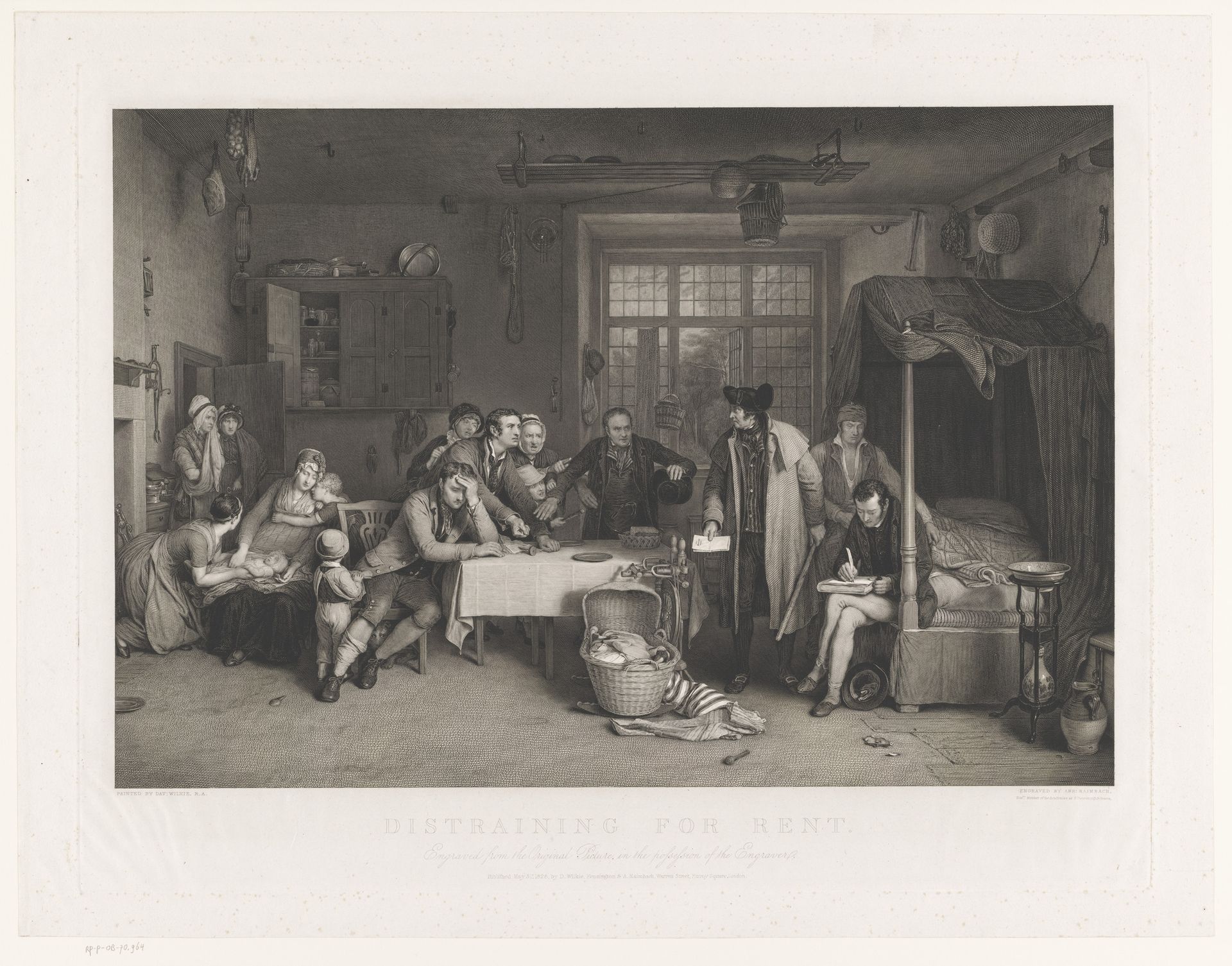 Sober interieur met mannen die beslag leggen op het bezit van een familie by Abraham Raimbach