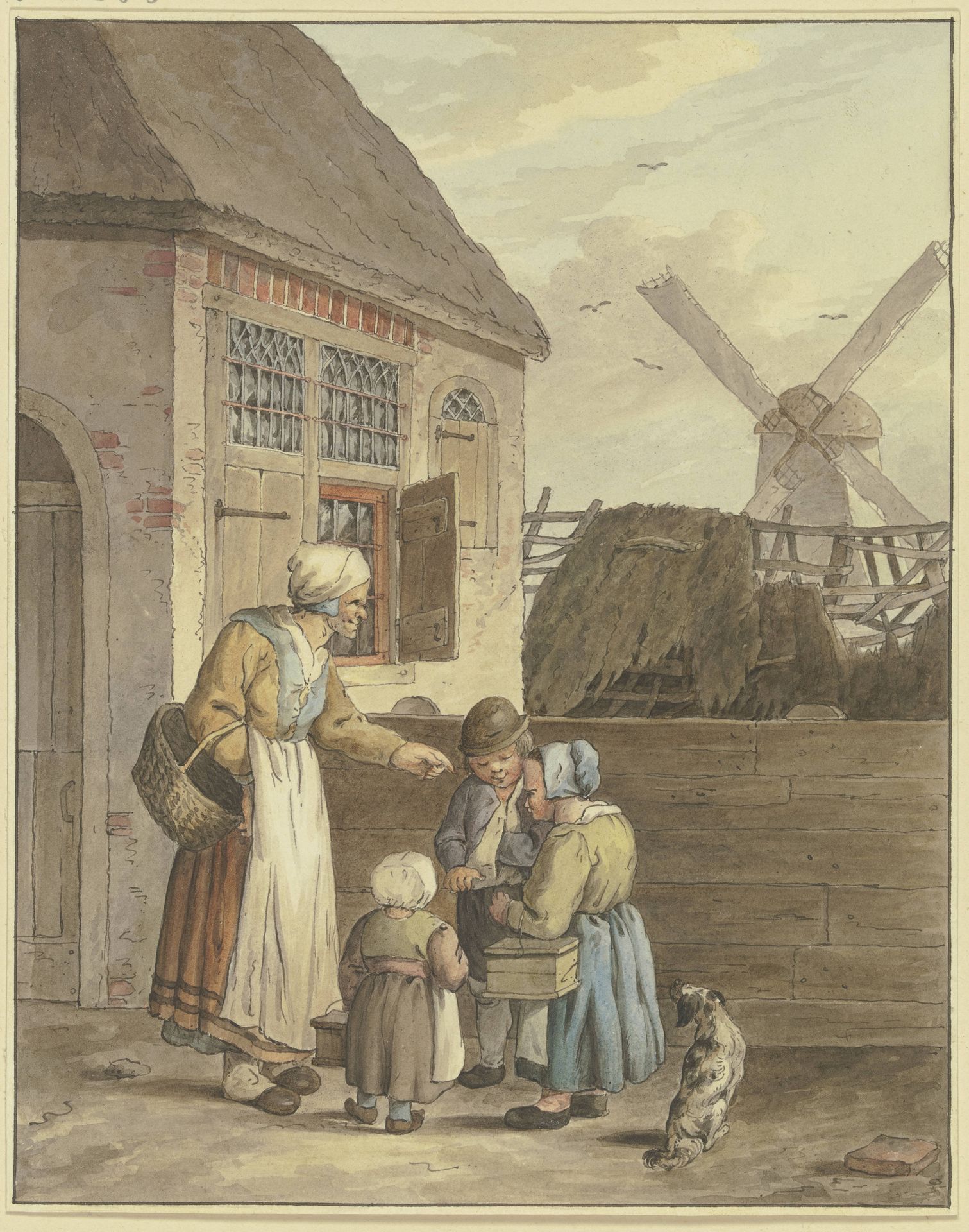 Vor einem Haus drei Kinder bei einer alten Frau by Johann Friedrich Morgenstern