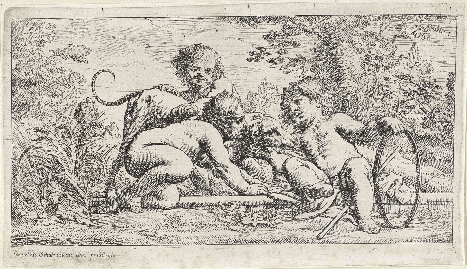 Drie kinderen met een hond in een landschap by Cornelis Schut