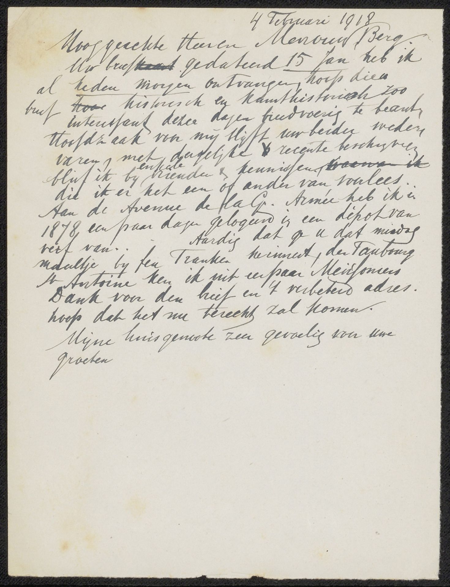Conceptbrief aan de heer en mevrouw Berg by August Allebé