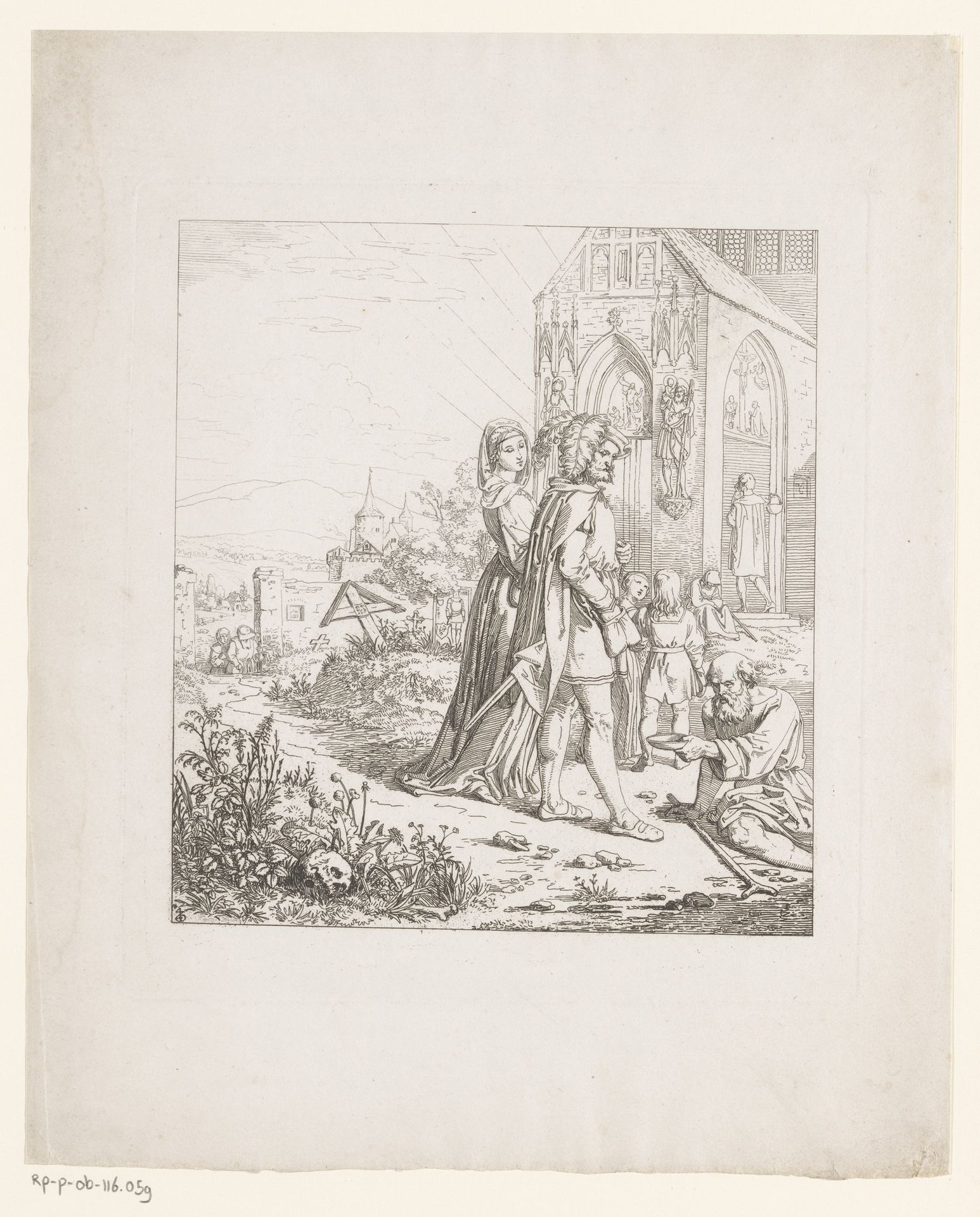 Kerkgangers geven een aalmoes aan een bedelaar by Joseph von Führich