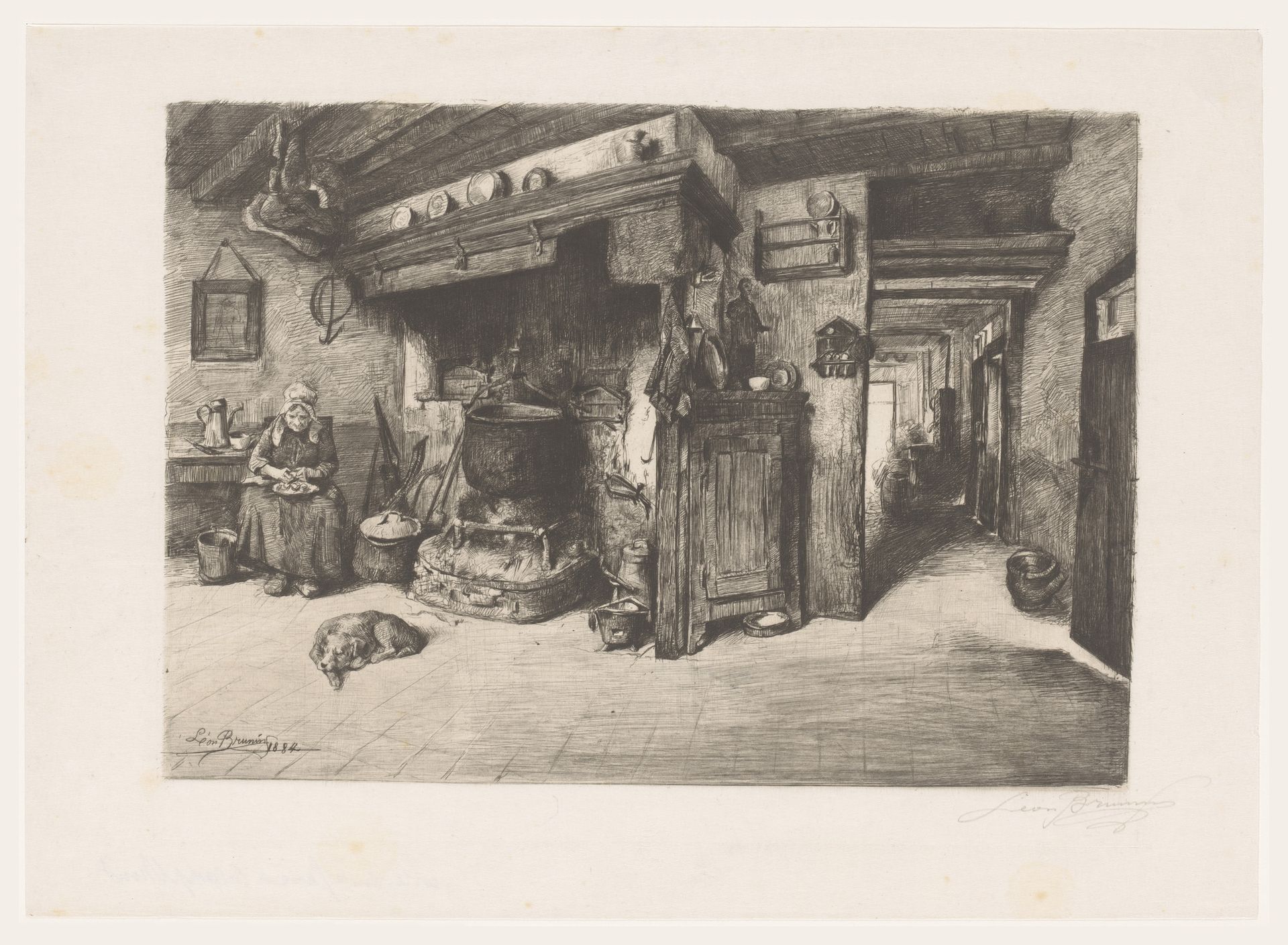 Oude boerin in de keuken by Léon Brunin