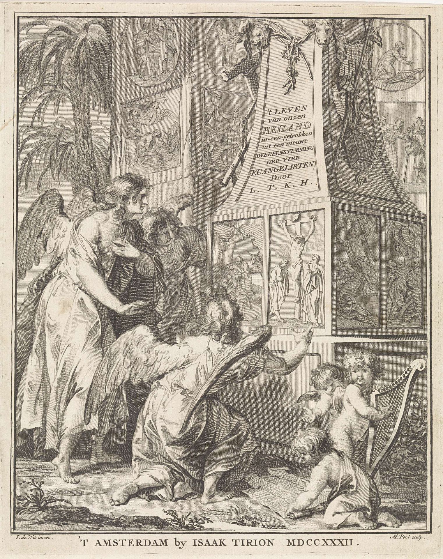 Drie engelen bewonderen een obelisk met scènes uit het Nieuwe Testament by Matthijs Pool