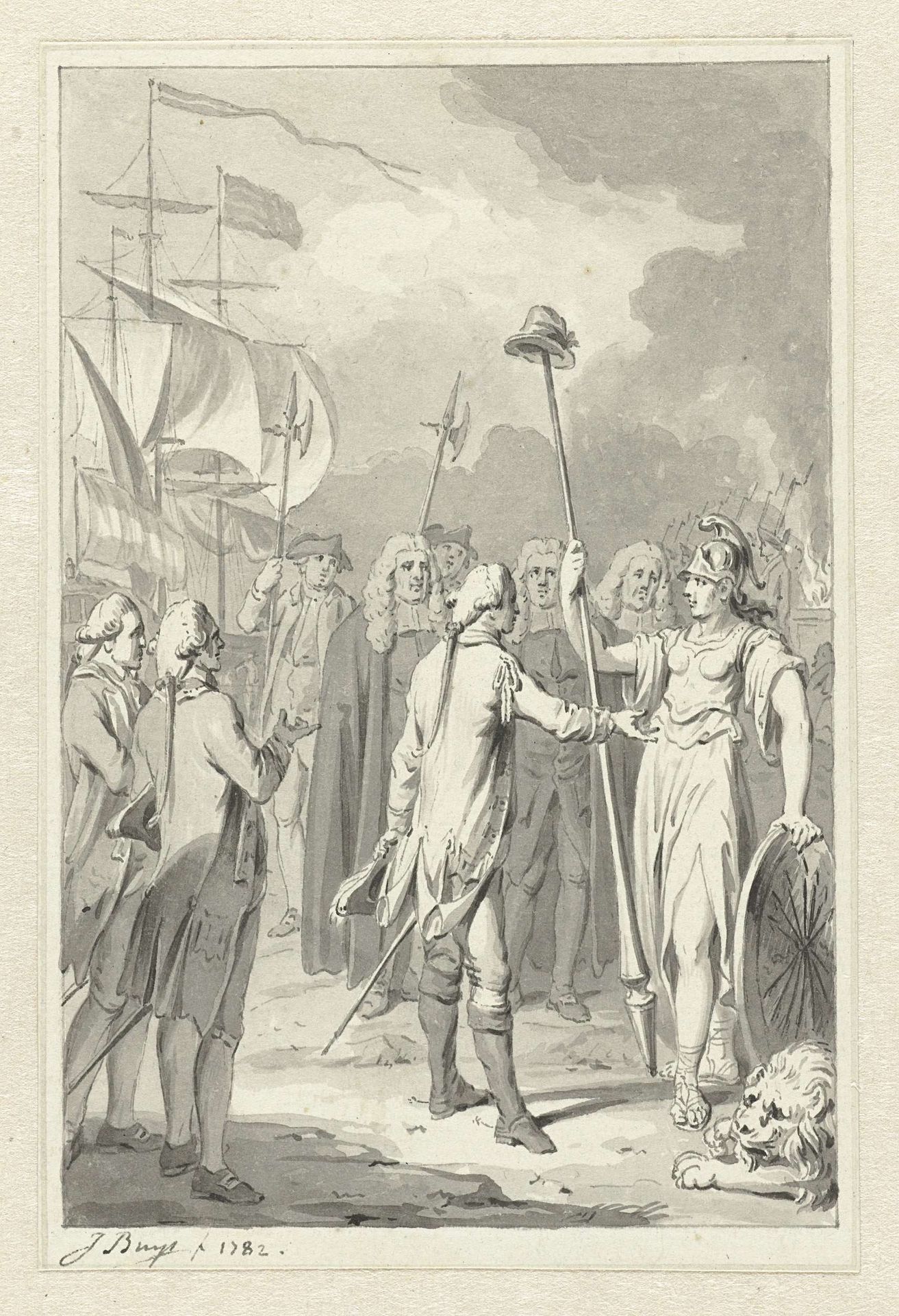 Prins Willem V biedt de Nederlandsche Maagd zijn diensten aan by Jacobus Buys