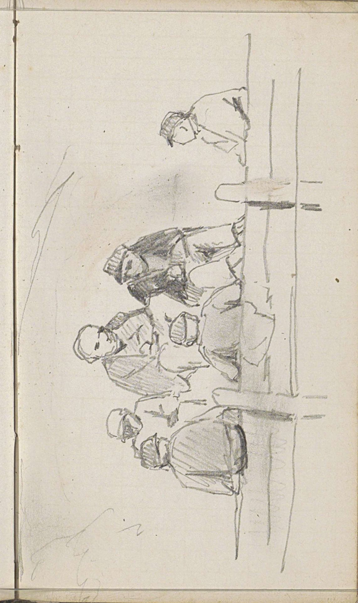 Zittende mannen en jongens bij een hek by Jan Willem van Borselen