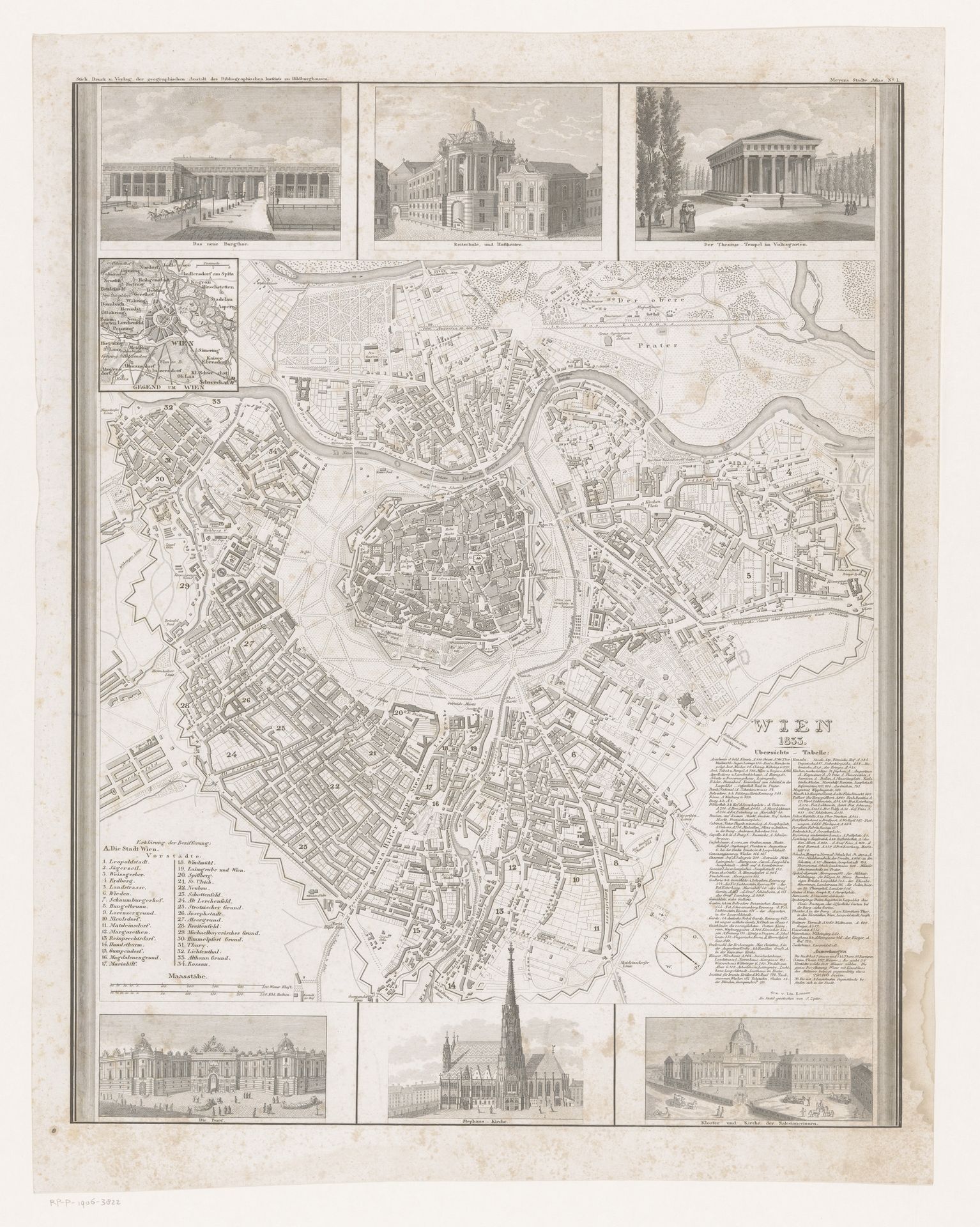 Plattegrond van Wenen met zes details van gebouwen by J. Zipter