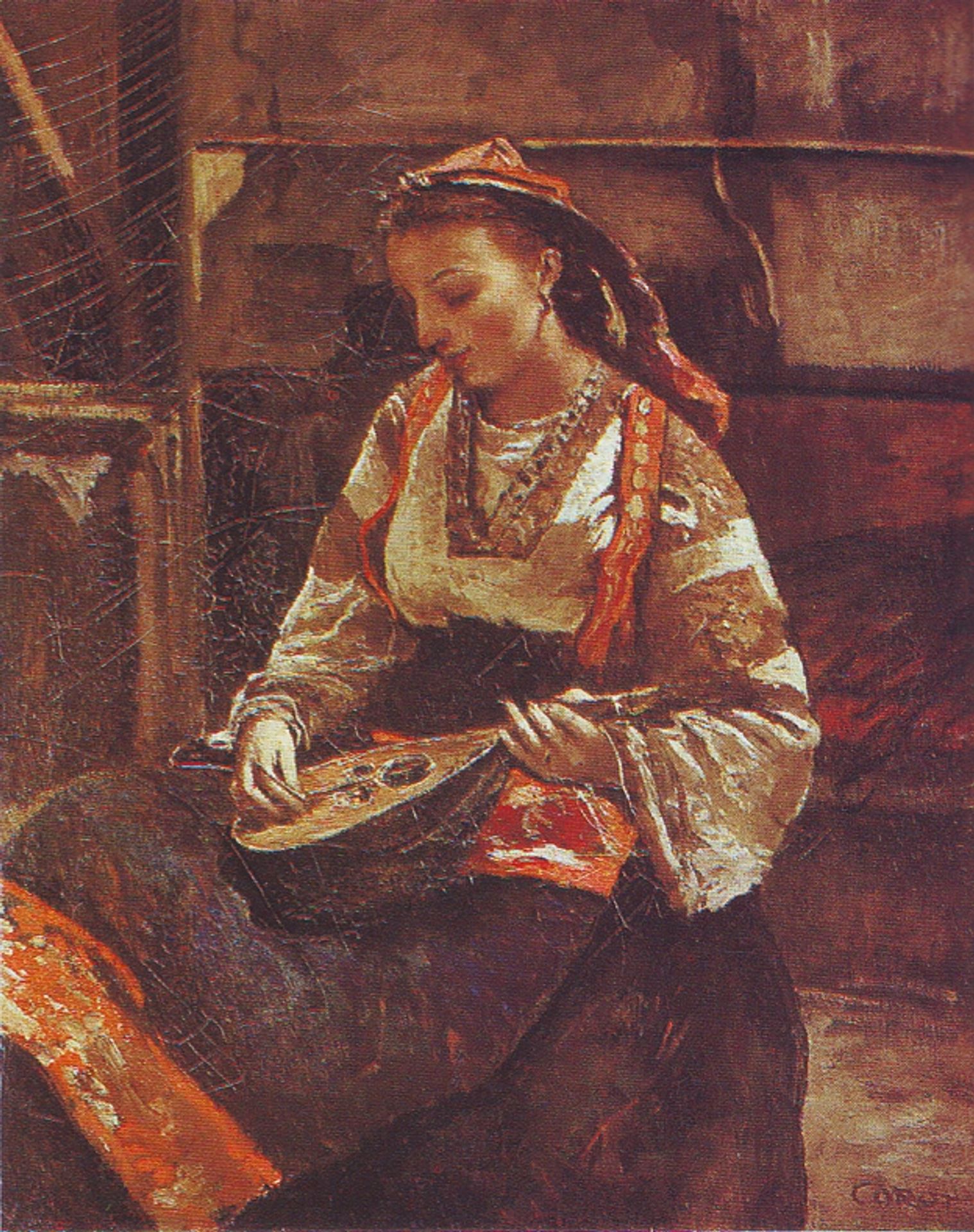 Italian Woman Sitting and Playing the Mandolin by Camille Corot