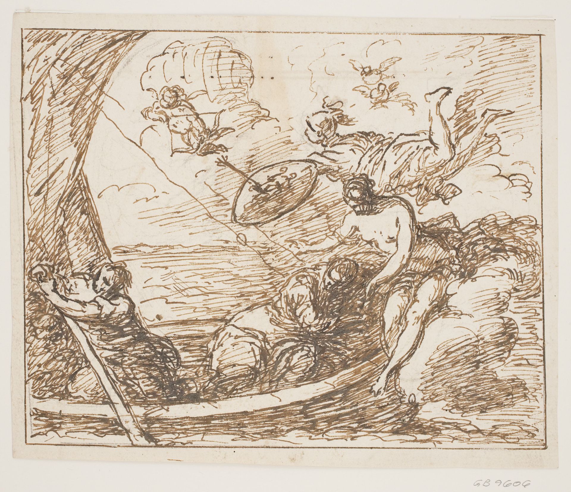 Minerva and Venus protecting a male hero (Aeneas?) in a boat against Cupid’s arrows by Pietro Roselli