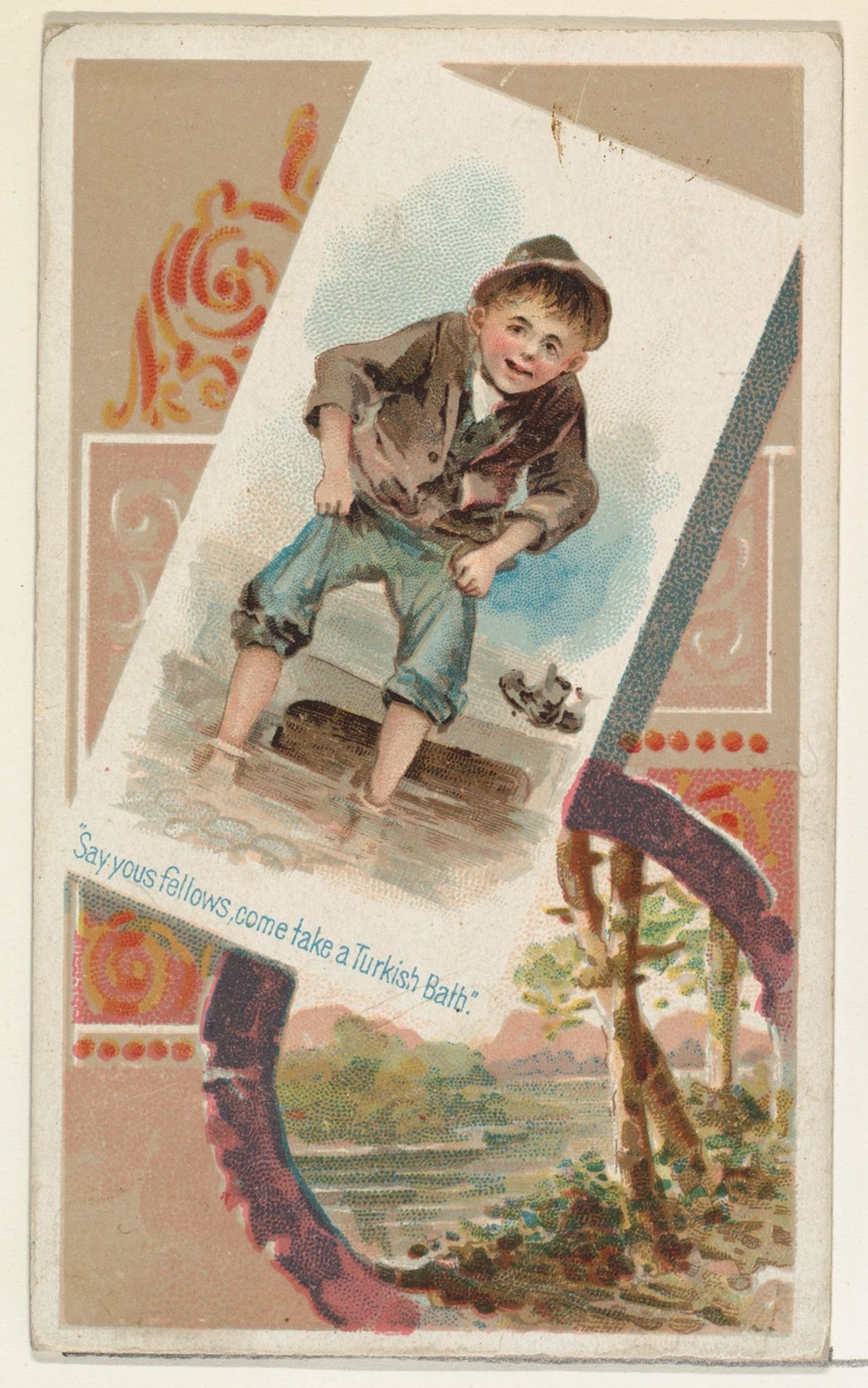 "Say yous fellows, come take a Turkish Bath," from the Terrors of America set (N136) issued by Duke Sons & Co. to promote Honest Long Cut Tobacco by W. Duke, Sons & Co.