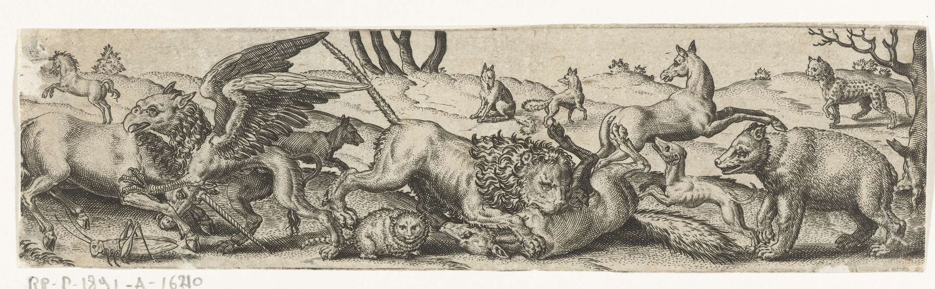 Vechtende dieren in een landschap. by Abraham de Bruyn