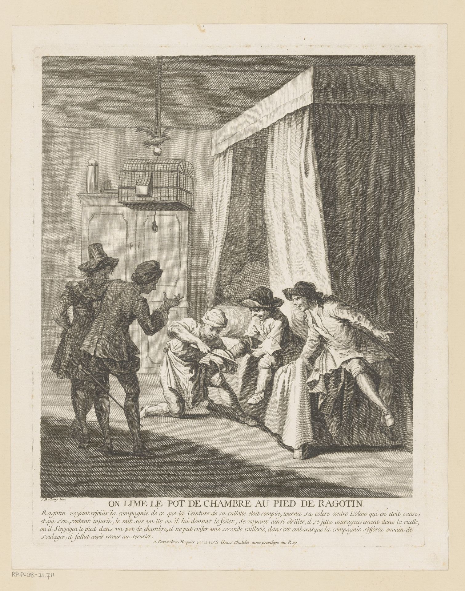 Slaapkamerinterieur met man die een kamerpot van Ragotins voet haalt by Gabriel Huquier