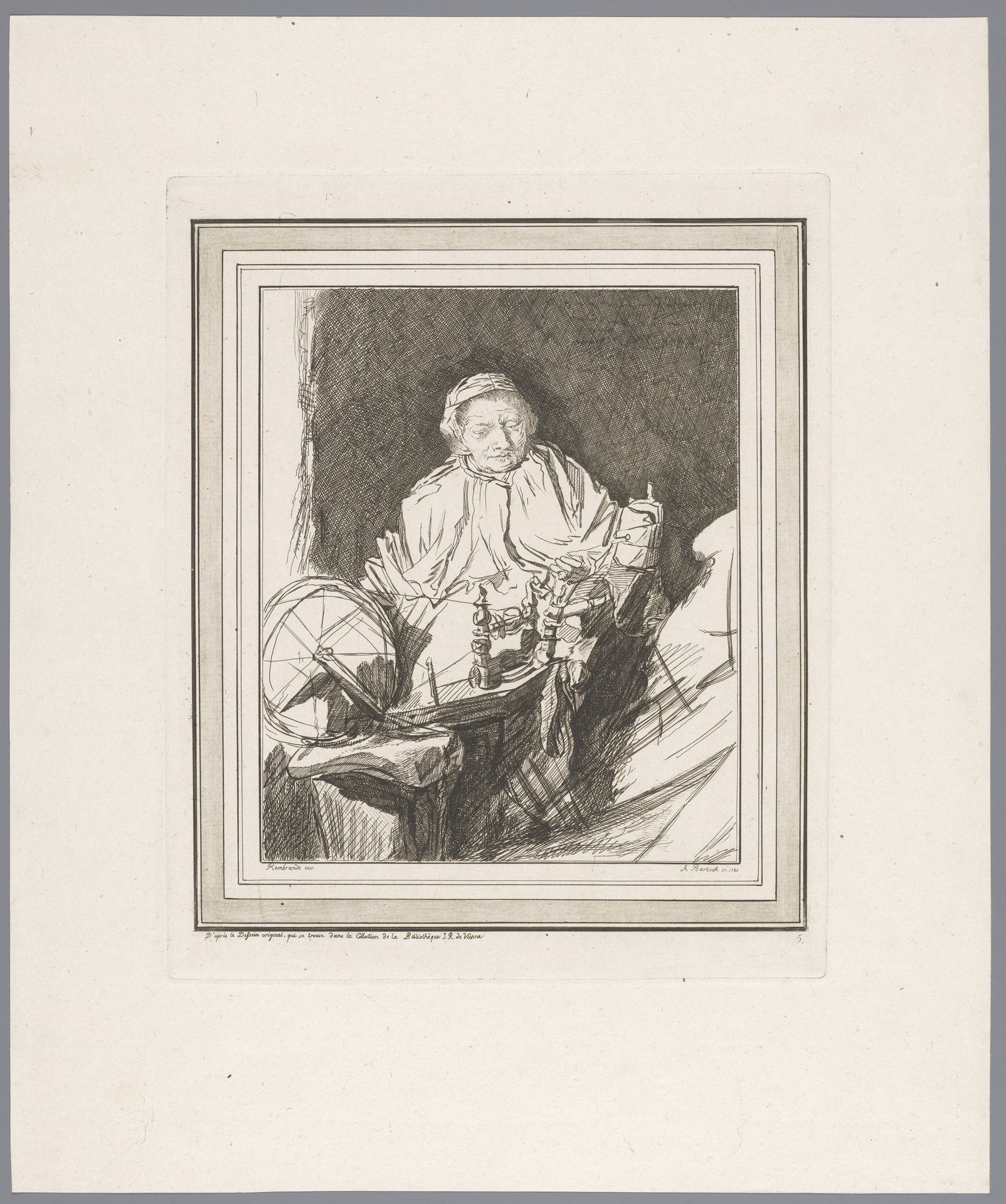Oude vrouw achter een spinnewiel by Adam von Bartsch