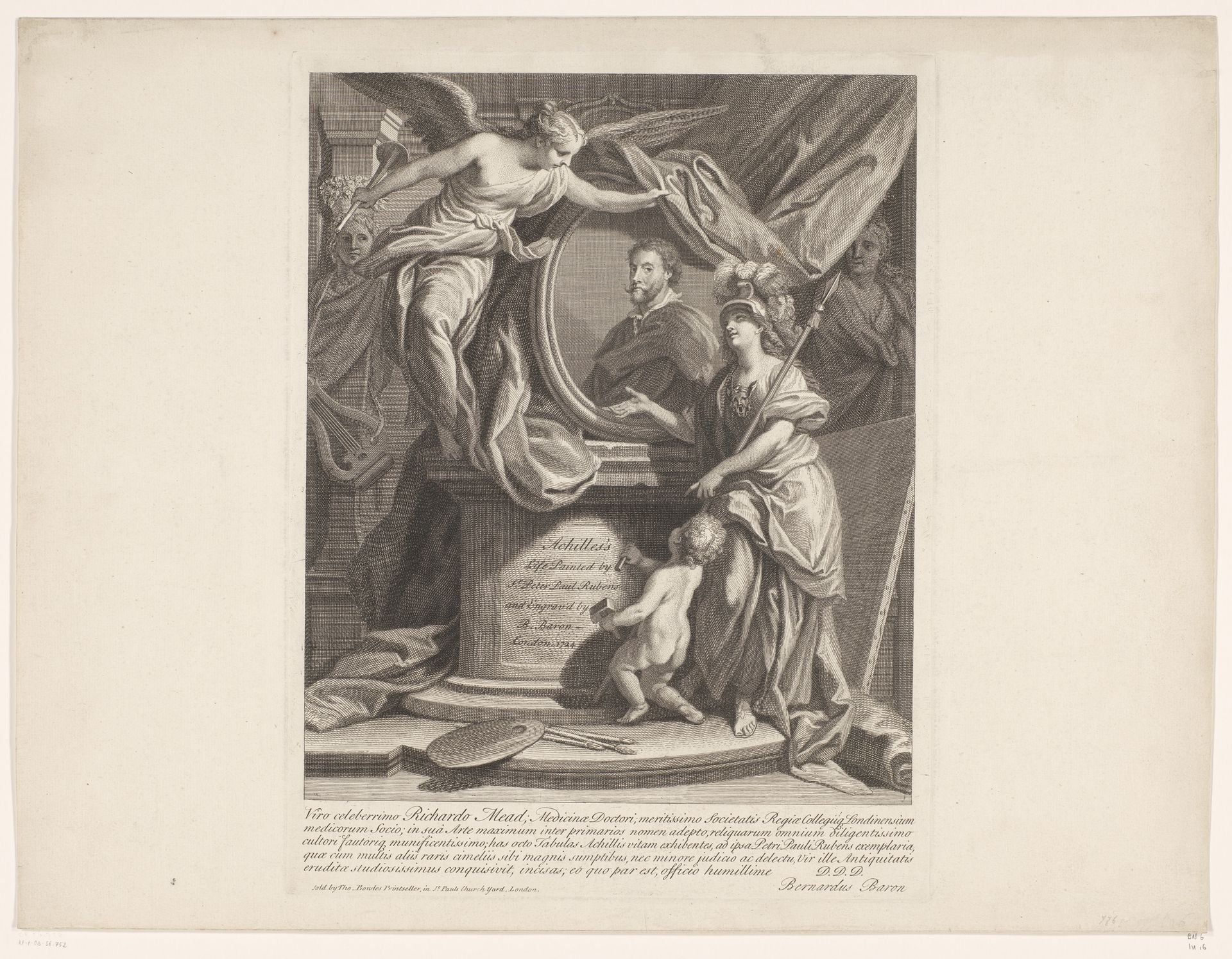 Titelprent met portret van Peter Paul Rubens omringd door allegorische figuren by Bernard Baron