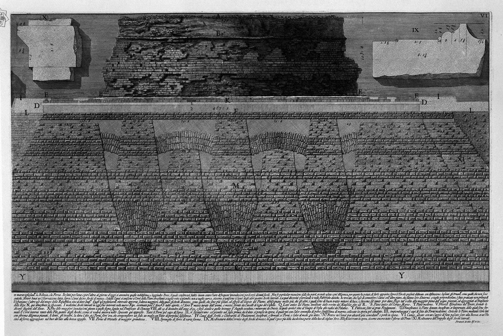 The Roman antiquities, t. 4, Plate VI. Construction details of the Mausoleum of Hadrian and d`Elio Bridge St. Angelo and their foundations. by Giovanni Battista Piranesi