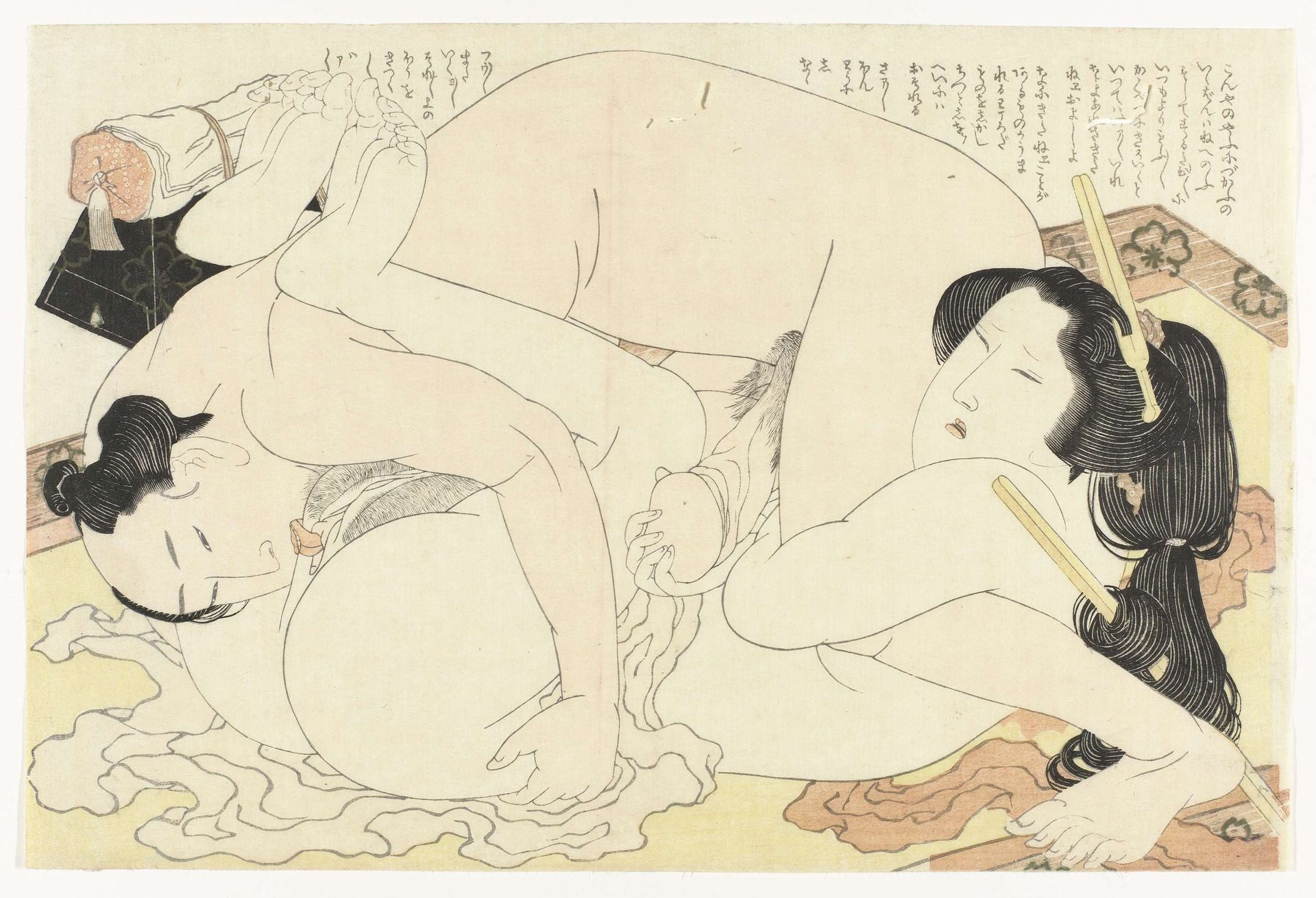 Man en vrouw de liefde bedrijvend op vloerkleed by Katsushika Hokusai