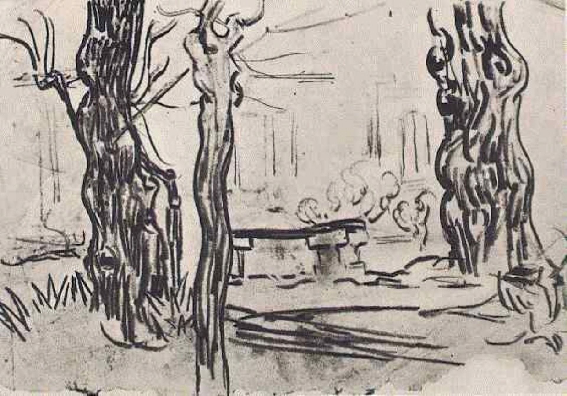 Garden of the Asylum and Tree Trunks and a Stone Bench by Vincent van Gogh