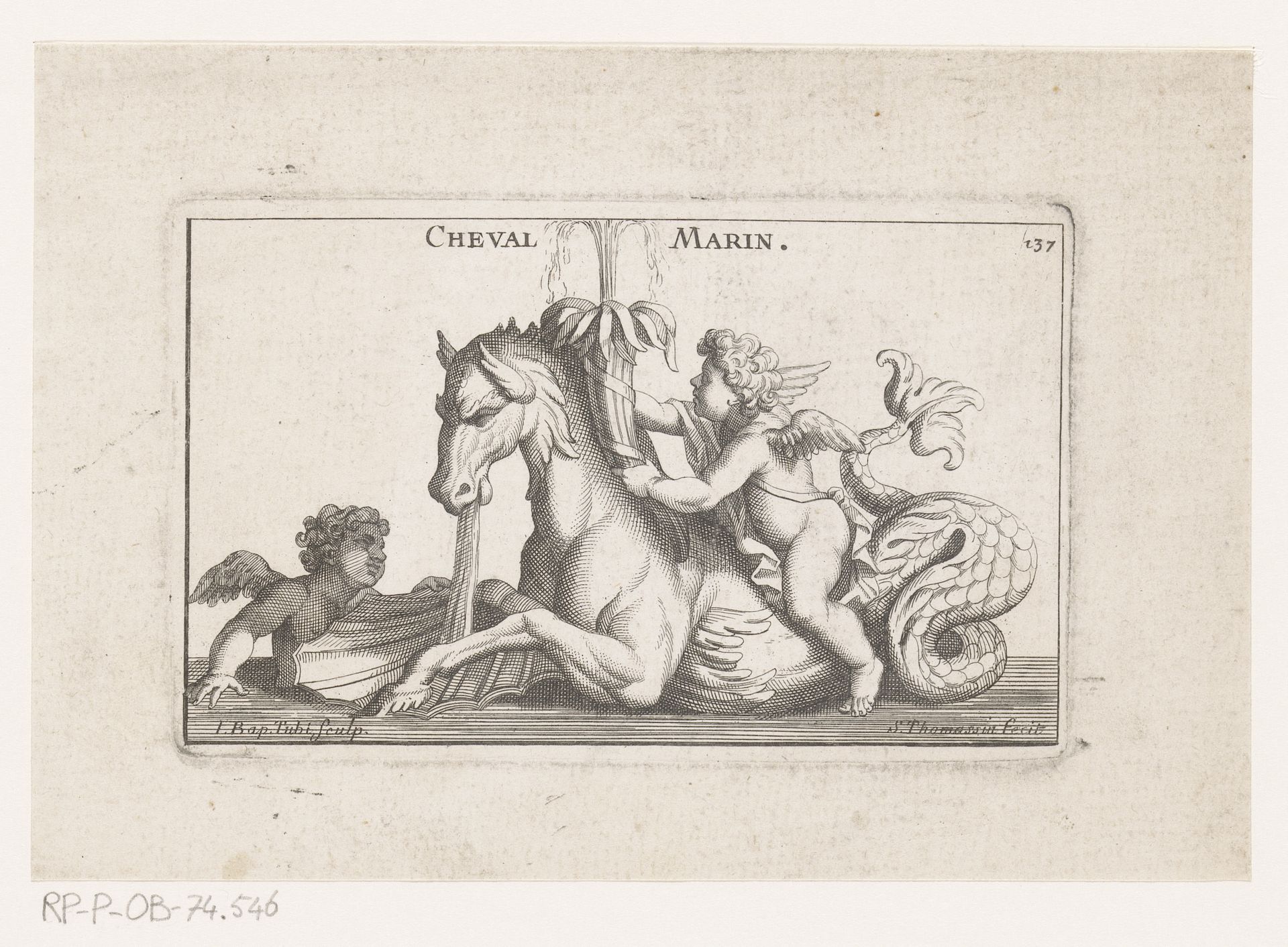 Fonteinsculptuur van een zeepaard en putti by Simon Thomassin