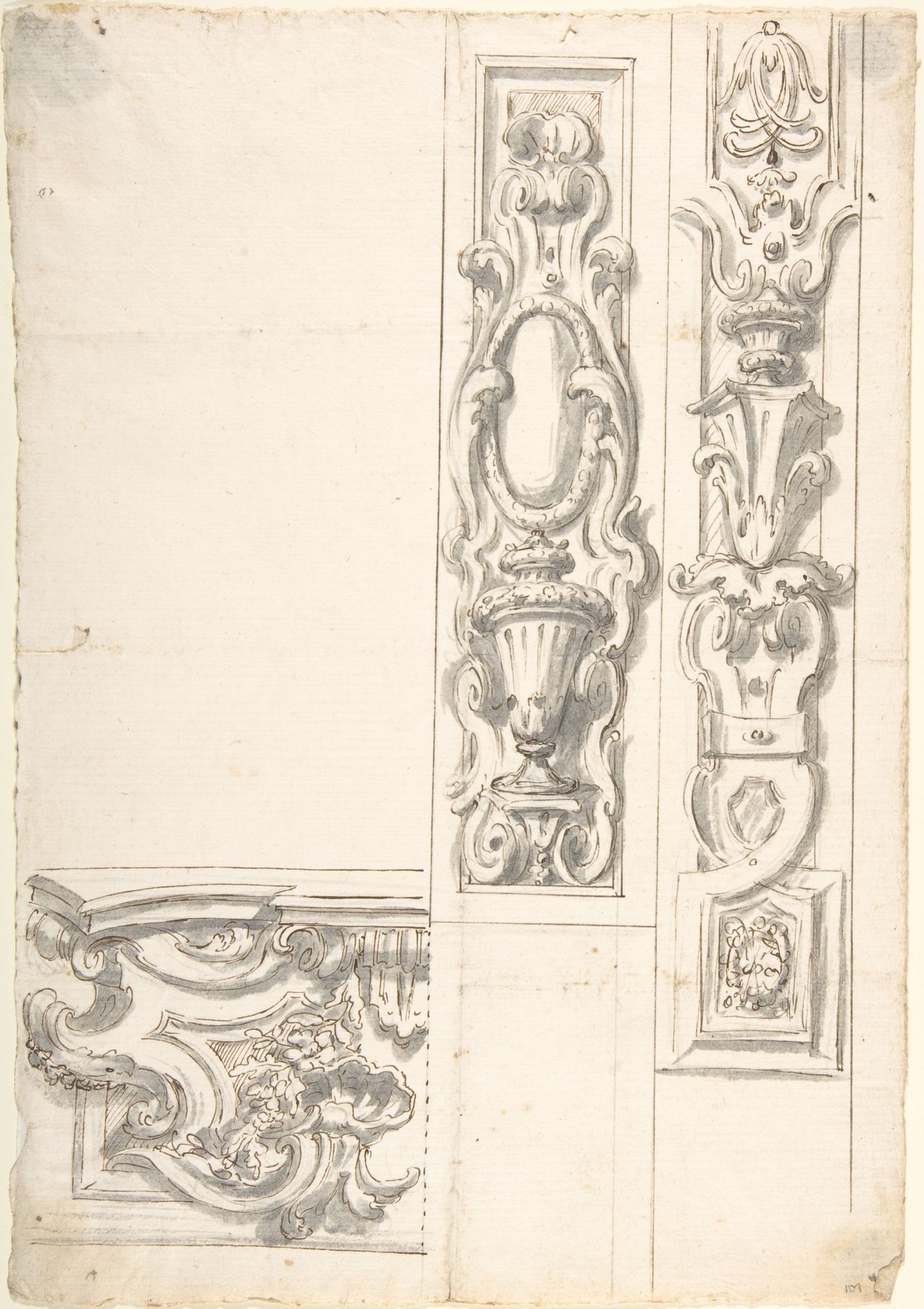 Design for Two Ornamental Upright Panels, and one Ornamental Basamento (?) by Anonymous