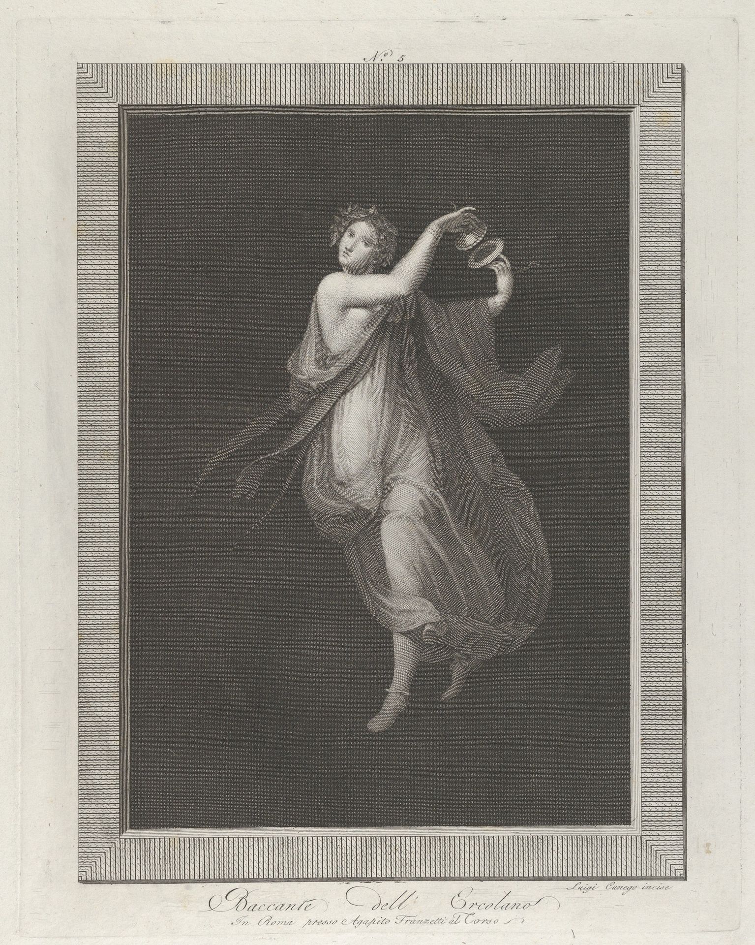 A bacchante, a garland on her head, and playing cymbals, set against a black background inside a rectangular frame by Aloysio Cunego