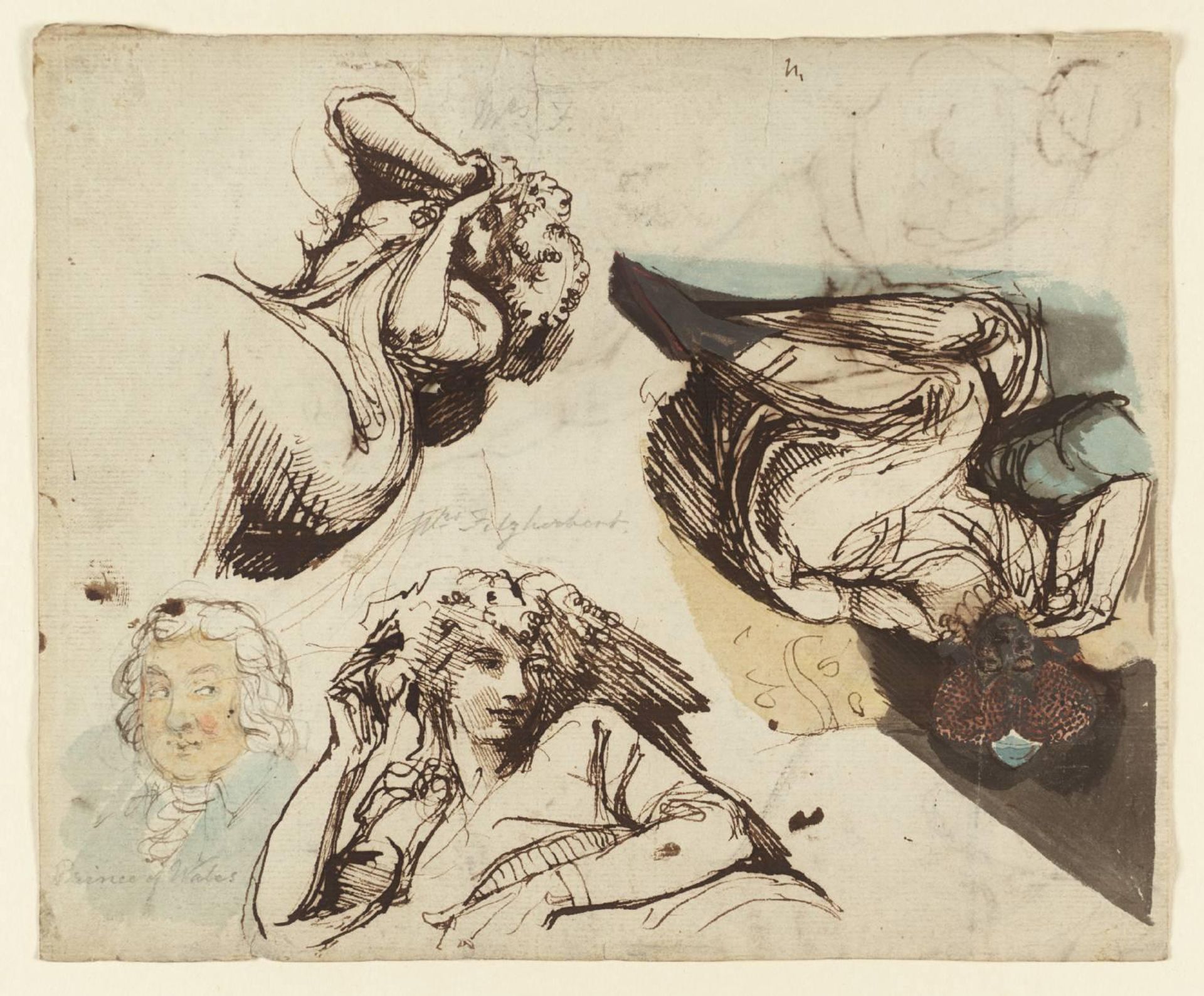 A Sheet of Studies: Three Figures of Recumbent Women. A Head of a Man. Verso: Half Length Figure of a Woman in Profile, and a Study of a Head and Arm; a Nude Male Figure by Henry Fuseli