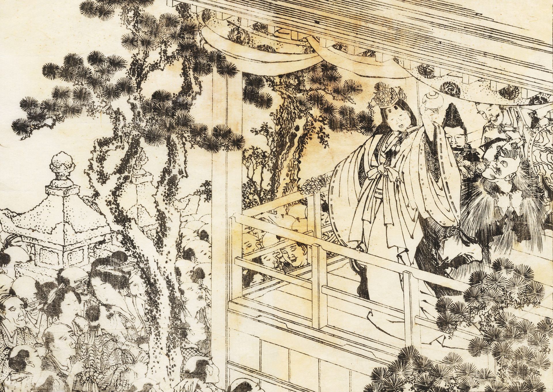 A scene of a shinto shrine dance, kagura by Katsushika Hokusai