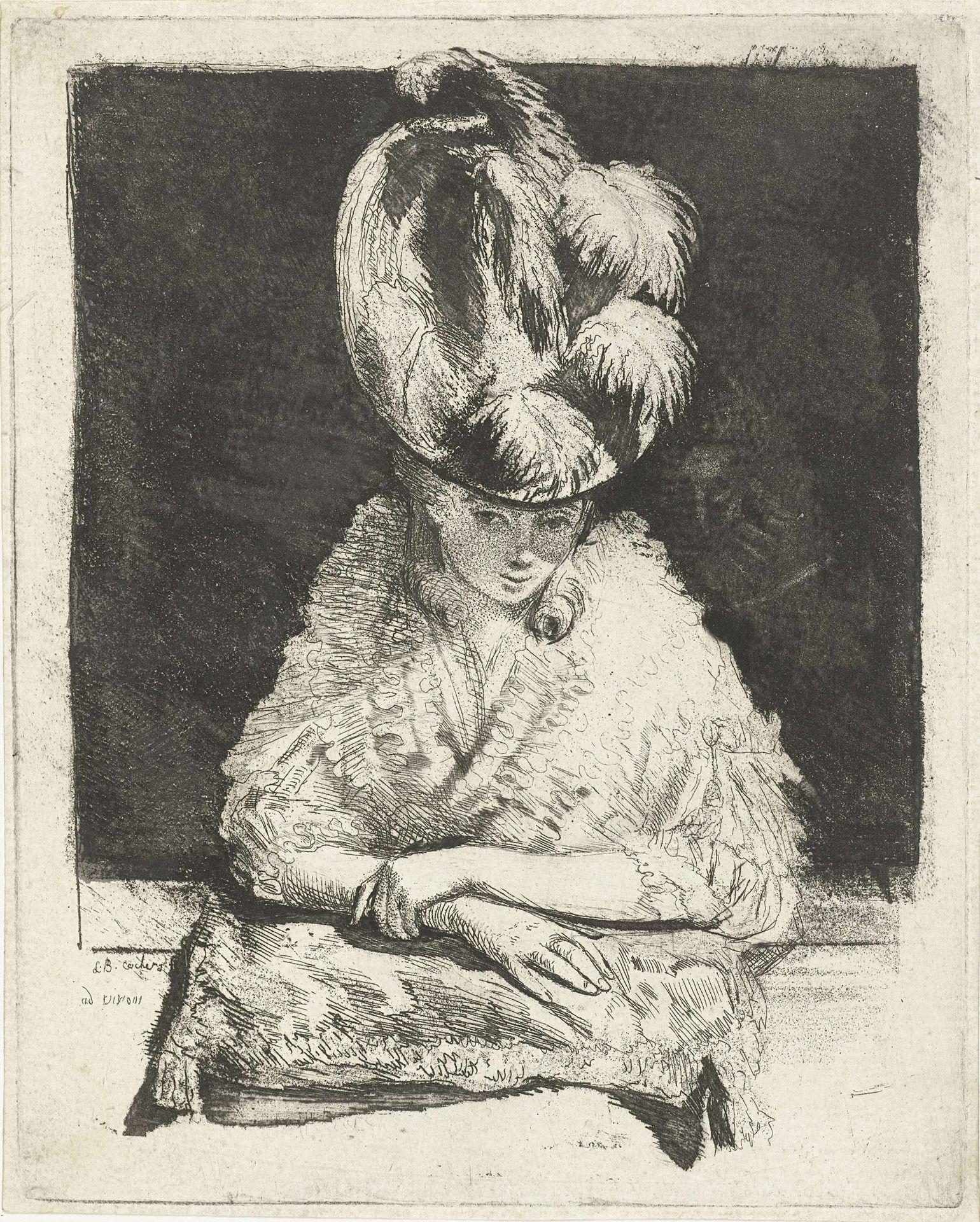Portret van een jonge vrouw met hoed die uit het raam kijkt by Louis Bernard Coclers