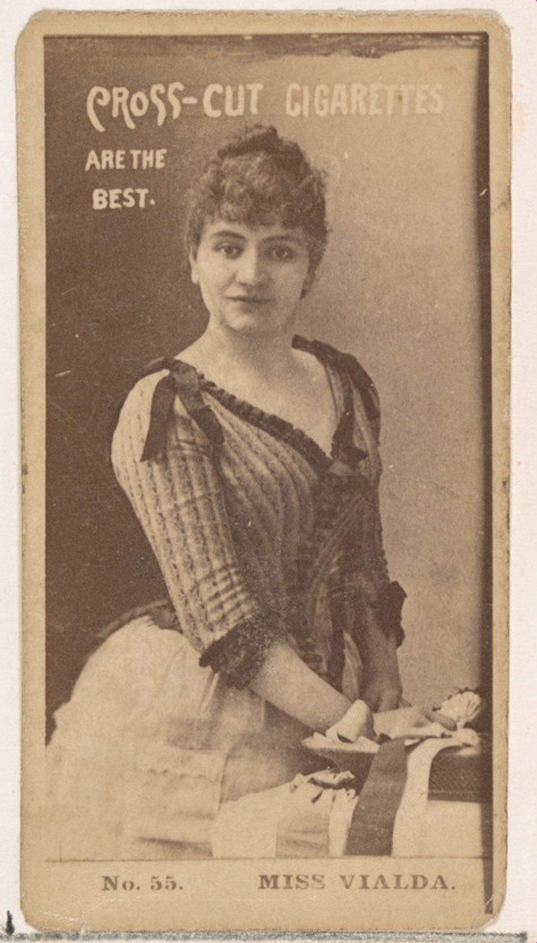 Card Number 55, Miss Vialda, from the Actors and Actresses series (N145-2) issued by Duke Sons & Co. to promote Cross Cut Cigarettes by W. Duke, Sons & Co.