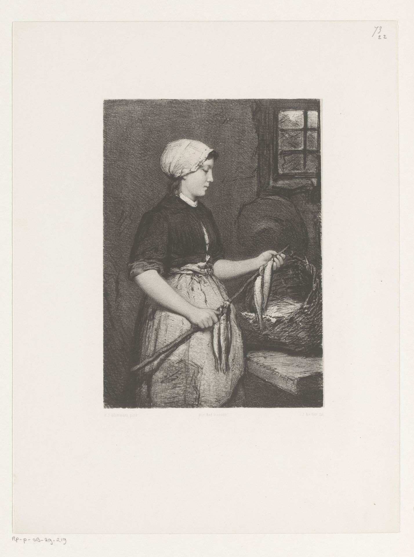 Vrouw rijgt vissen aan een stok by Jan Mesker