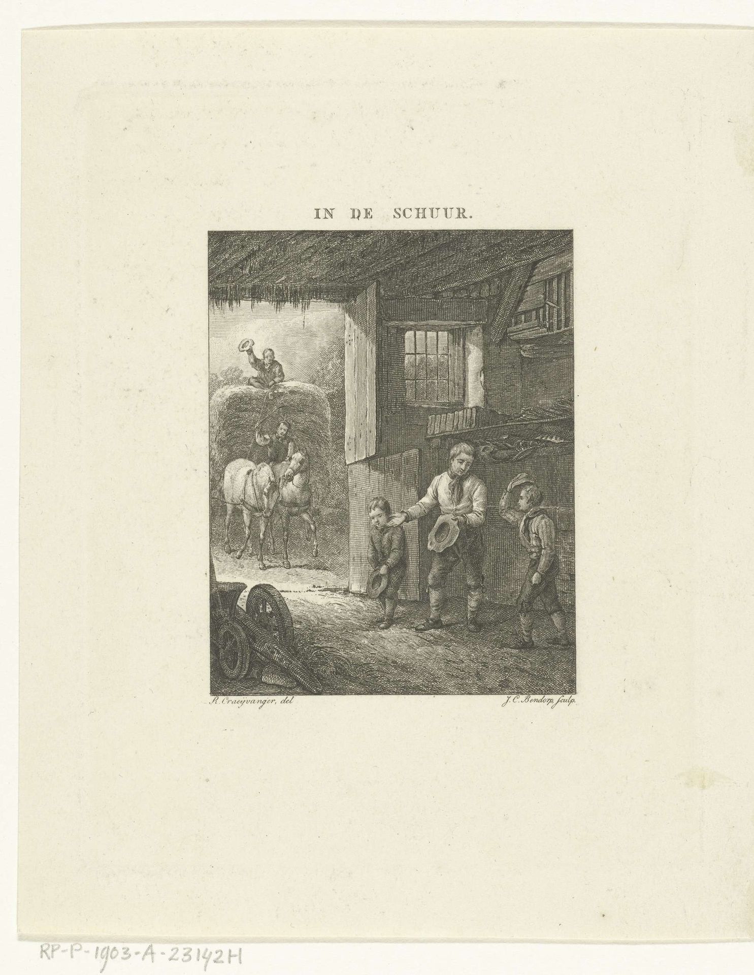Hooiwagen getrokken door twee paarden nadert schuur waar knechten wachten by Johannes Christiaan Bendorp