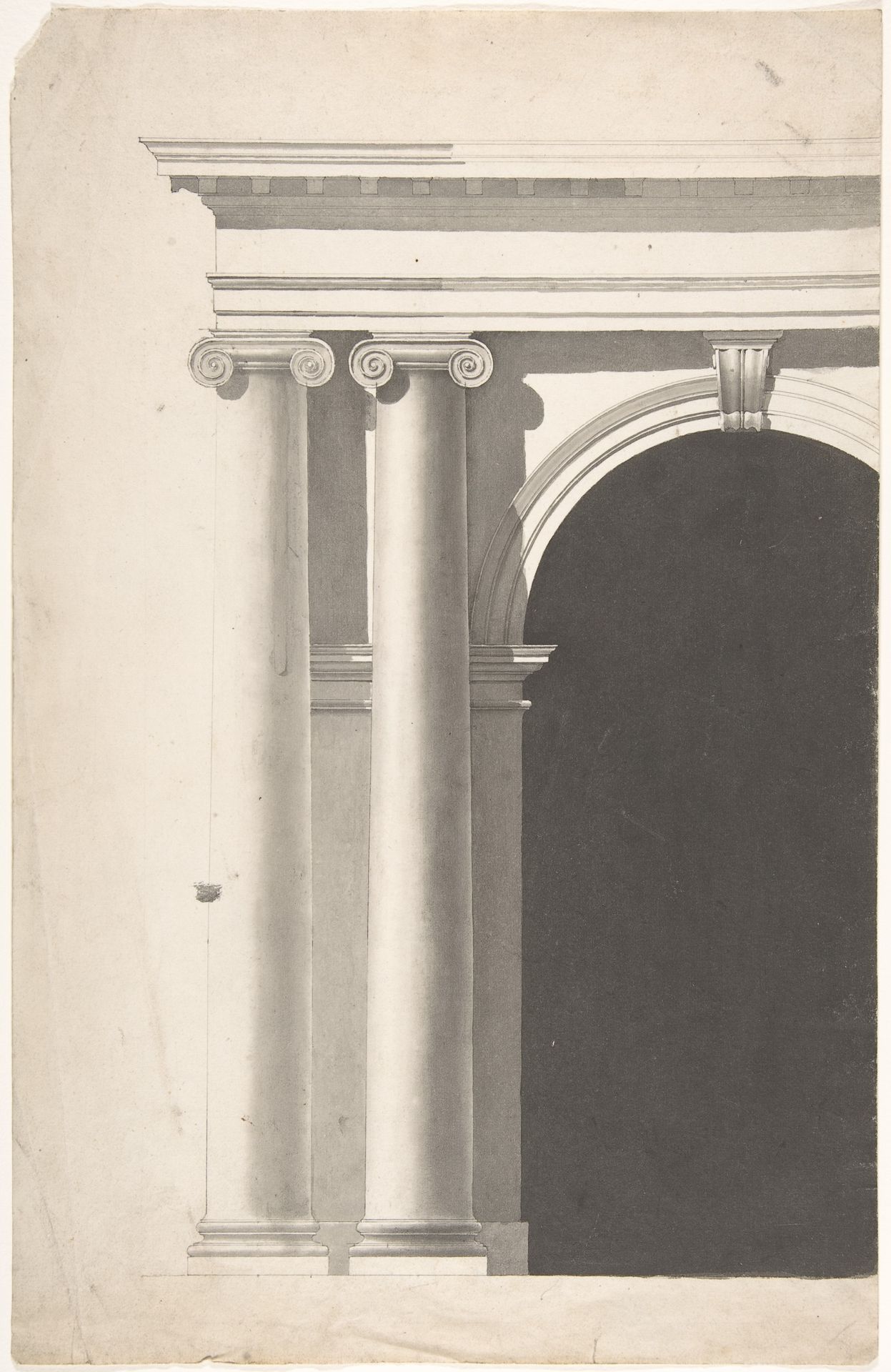 Architectural Portal with Paired Planking Ionic Columns (only left-hand columns and part of arched opening shown) by Anonymous