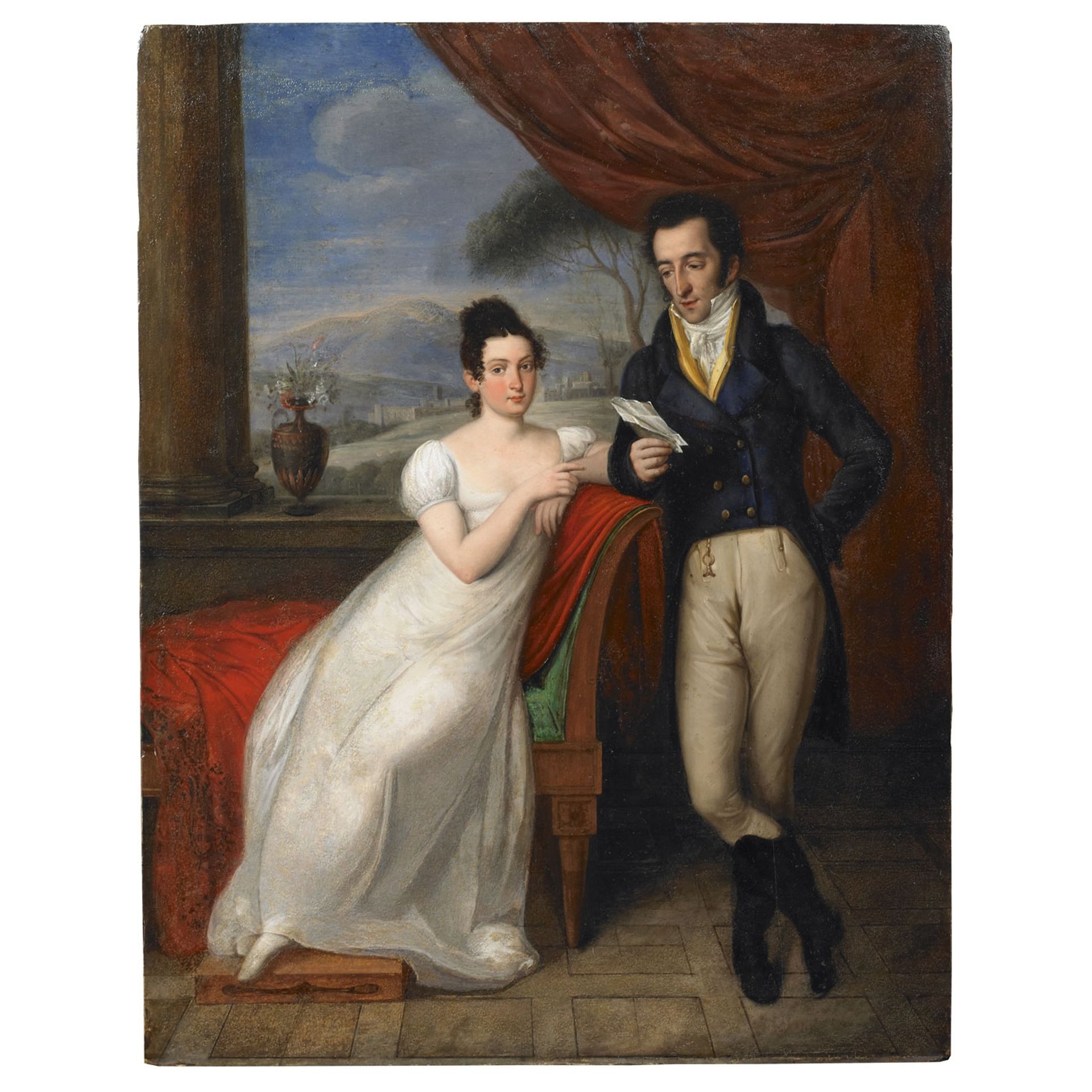 Self Portrait of the Artist with his wife in a Neoclassical interior and view of the Italian countryside in the distance by Vincenzo Camuccini