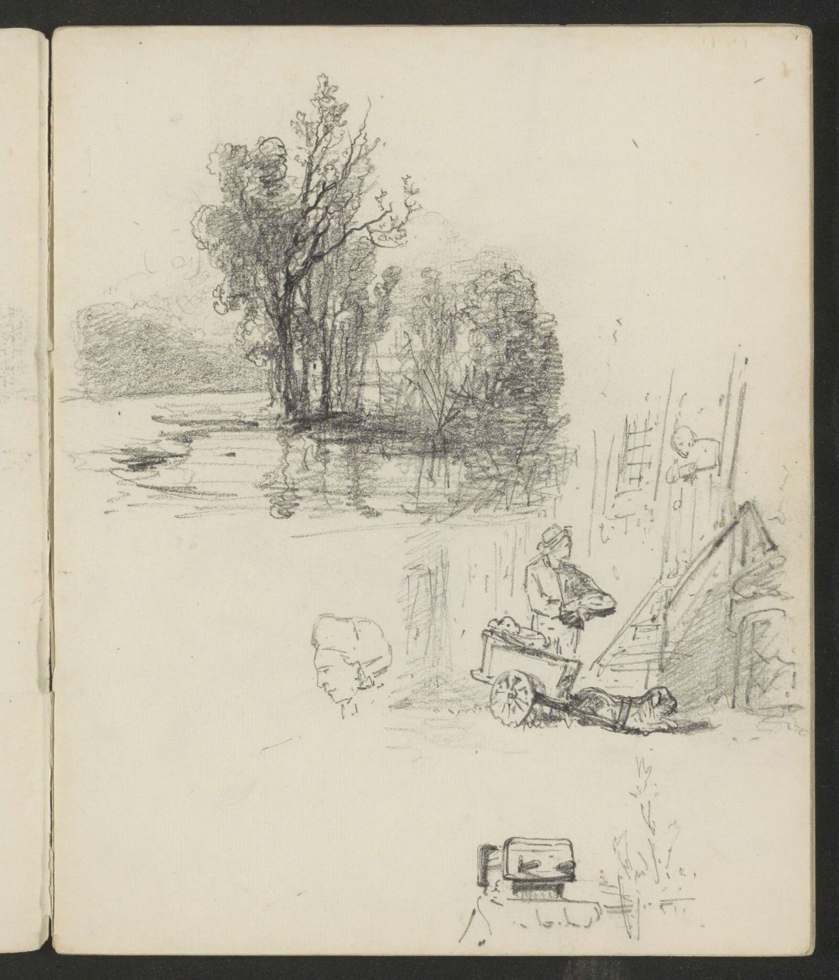 Studieblad, onder andere met een landschap met water en een figuur bij een boerenkar by Maria Vos