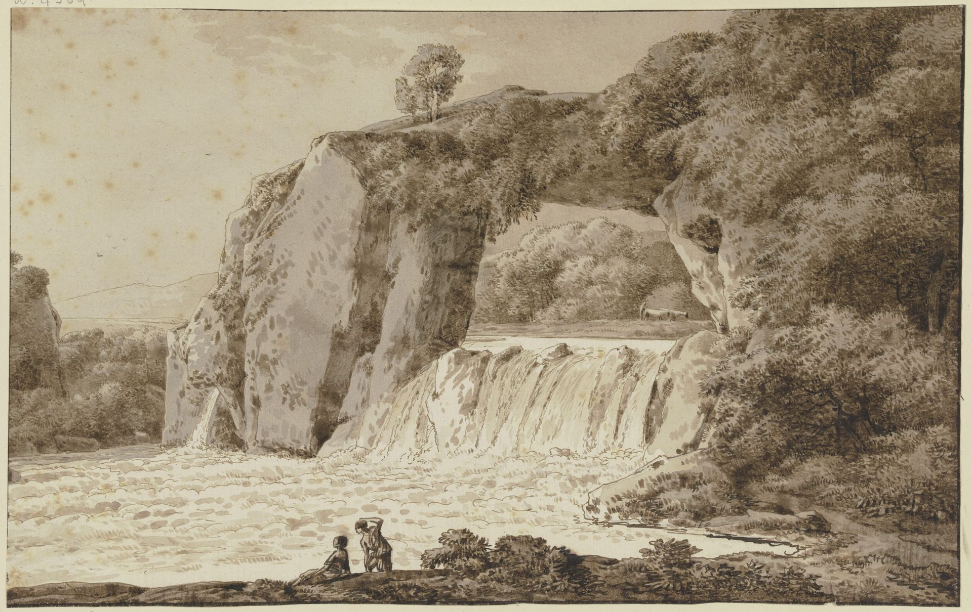 Rocky landscape with waterfall by Franz Kobell
