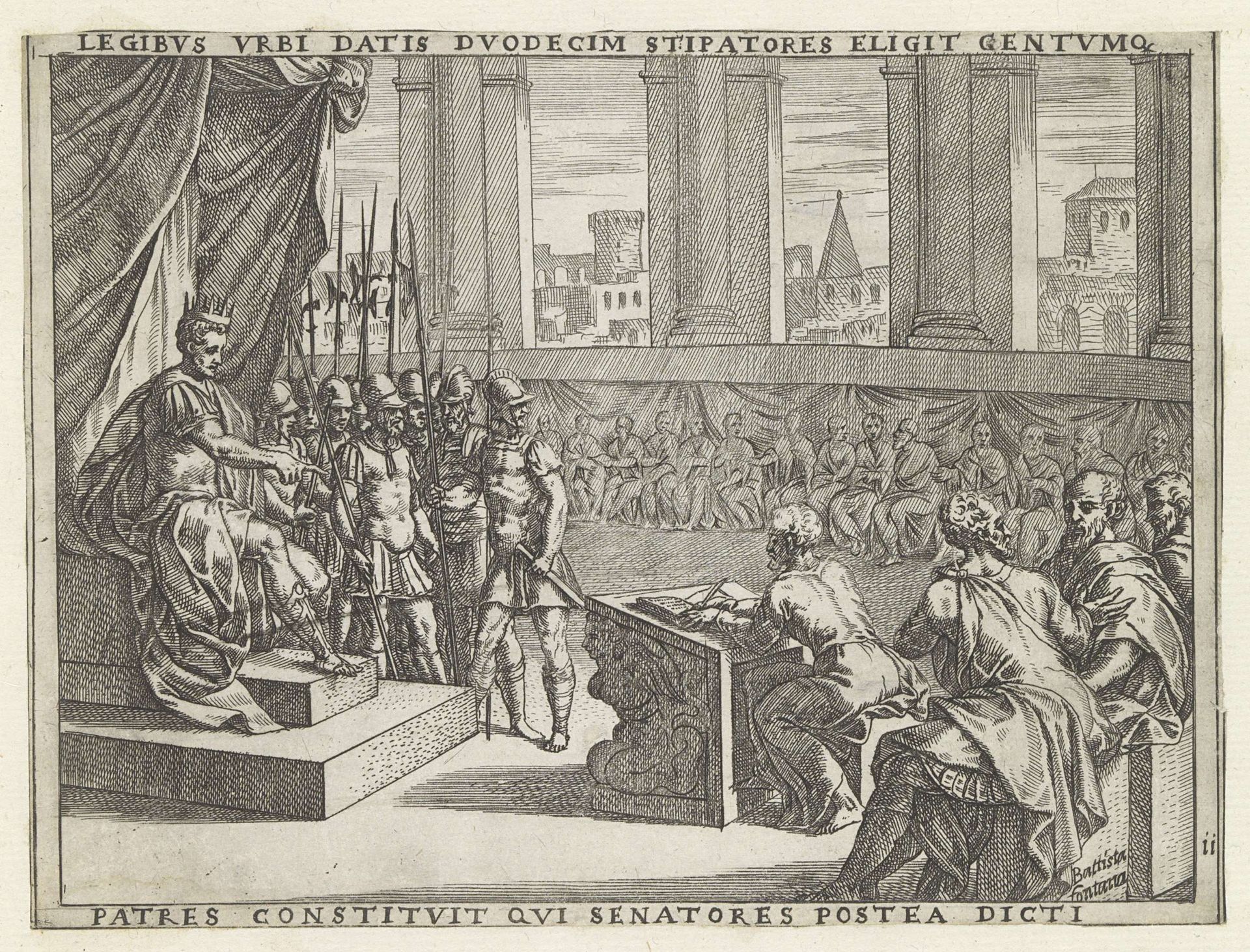 Koning Romulus en zijn twaalf lijfwachten en honderd senatoren by Giovanni Battista Fontana