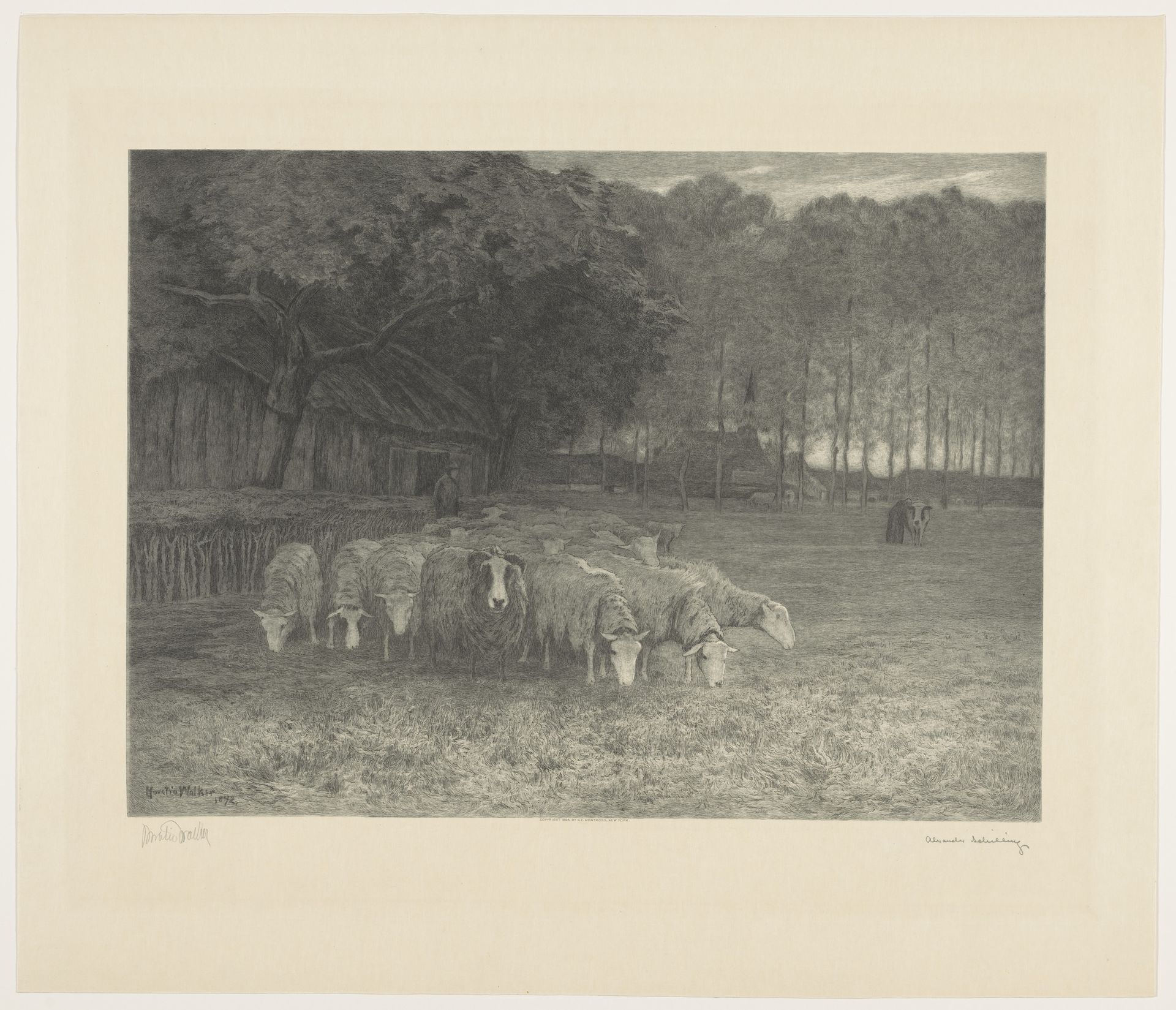 Landschap met boerderijen en schapen by Alexander Shilling