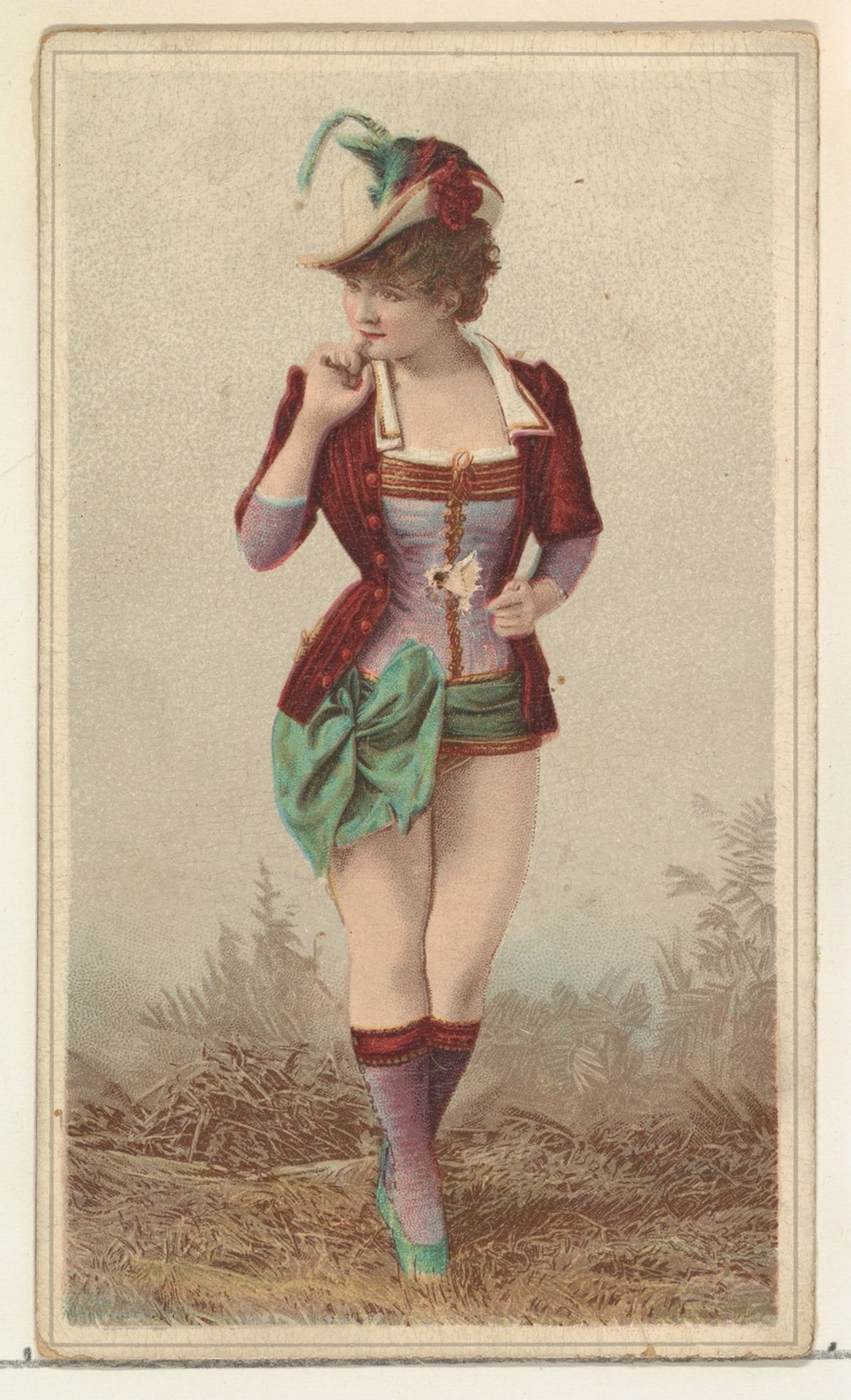 Actress wearing wide green sash with large bow, from Stars of the Stage, Second Series (N130) issued by Duke Sons & Co. to promote Honest Long Cut Tobacco by W. Duke, Sons & Co.