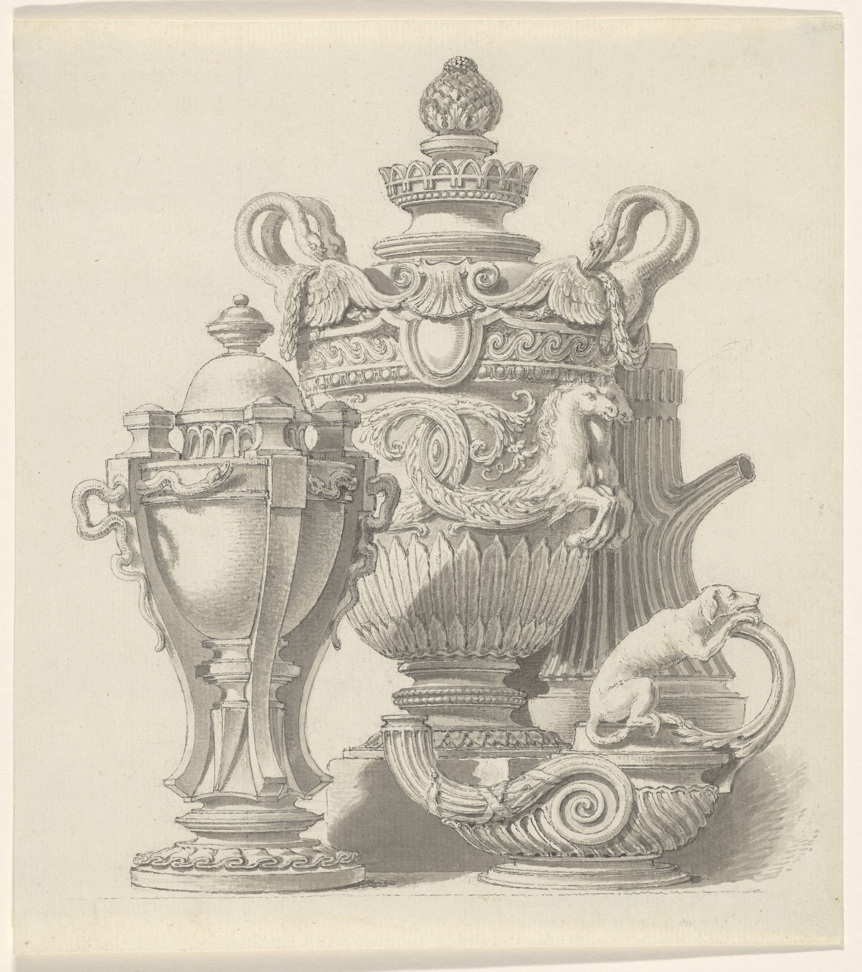 Reukvaas, een vaas, een olielamp en een koffiepot by Jean Baptiste (le vieux) Huet