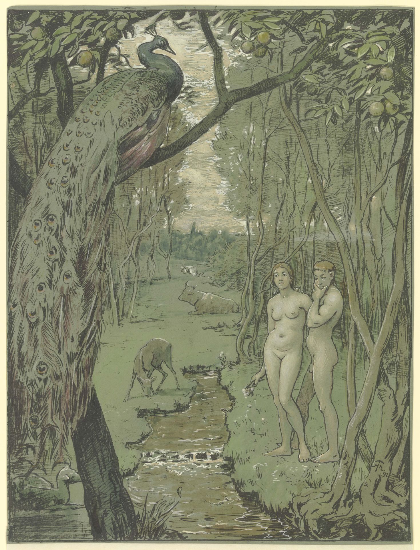 Paradise with Peacock by Hans Thoma