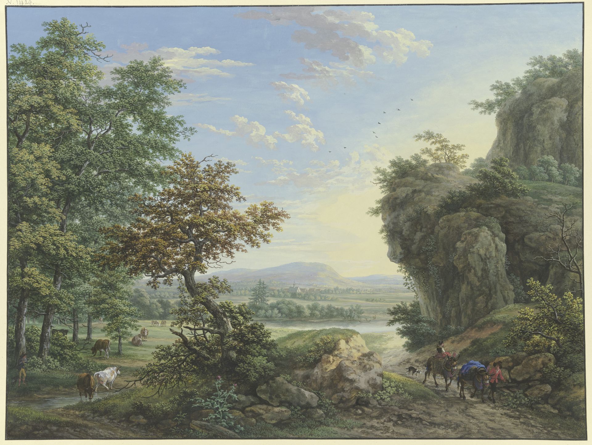 Wiesengrund an Fluß und Wald, rechts hohe Felsen by Karl Franz Kraul