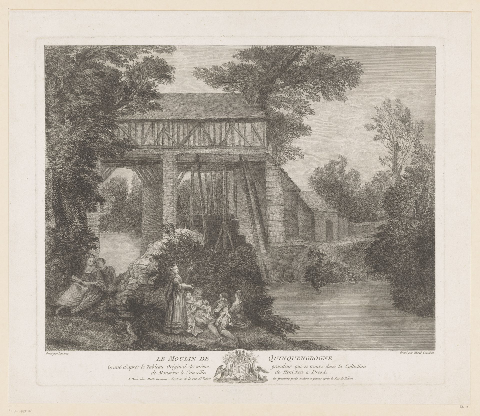 Vier vrouwen en drie mannen bij een watermolen by Cathérine Elise Cousinet