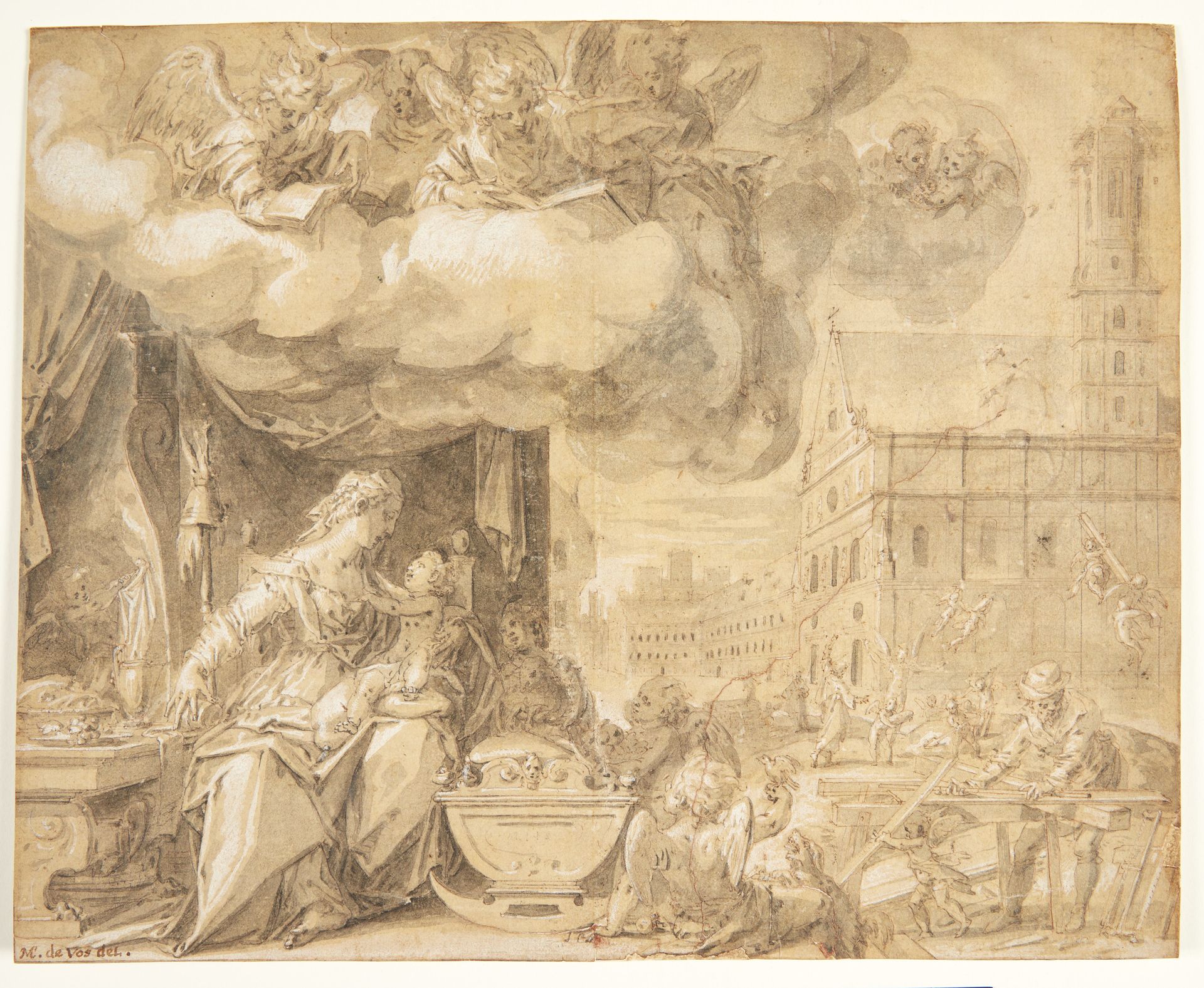 Den hellige familie. F.o. syngende engle. I baggrunden Michaelskirken i München til hvis tårn engle bringer byggemateriale by Friedrich Sustris