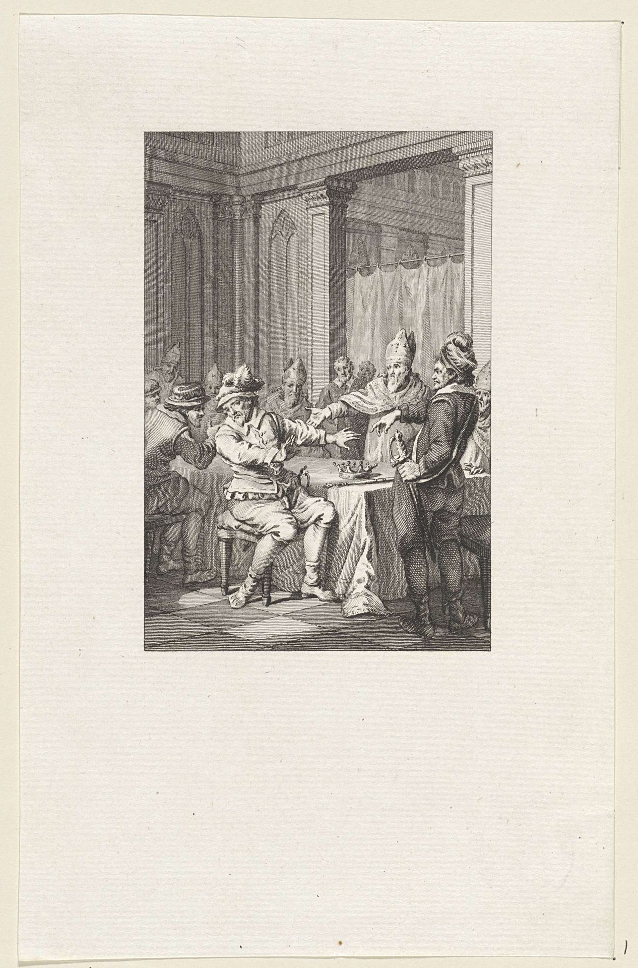 Wamba, koning van de Visigoten, tijdens een vergadering van bischoppen en edelen by Reinier Vinkeles